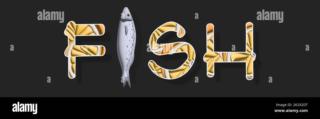 Texte stylisé comme un poisson. Design élégant pour une marque, une étiquette ou une publicité Banque D'Images