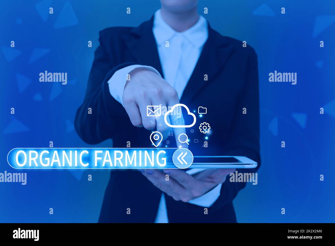Affichage conceptuel Agriculture biologique. Mot écrit sur un système agricole intégré qui s'efforce de la durabilité Lady pressant écran de téléphone mobile montrant la technologie futuriste Banque D'Images Affichage conceptuel Agriculture biologique. Mot écrit sur un système agricole intégré qui s'efforce de la durabilité Lady pressant écran de téléphone mobile montrant la technologie futuriste Banque D'Images