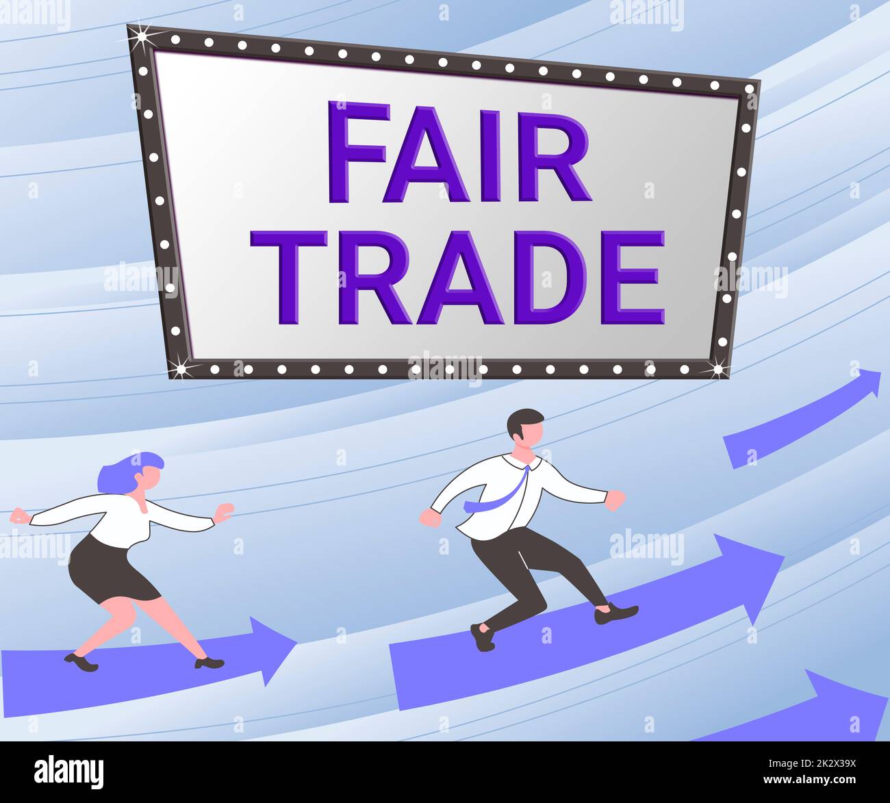 Inspiration montrant le signe du commerce équitable. Mot écrit sur petite augmentation par un fabricant ce qu'ils ont payé à un producteur flèches guider deux collègues collaborateurs vers un meilleur plan financier Banque D'Images