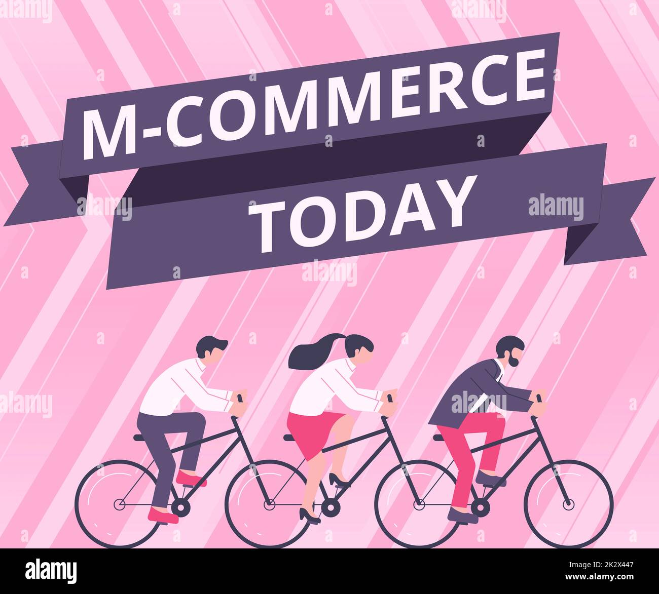 Légende conceptuelle M Commerce. Internet concept transactions commerciales conduites électroniquement par téléphone mobile trois collègues Riding Bicycle représentant le travail d'équipe réussi. Banque D'Images