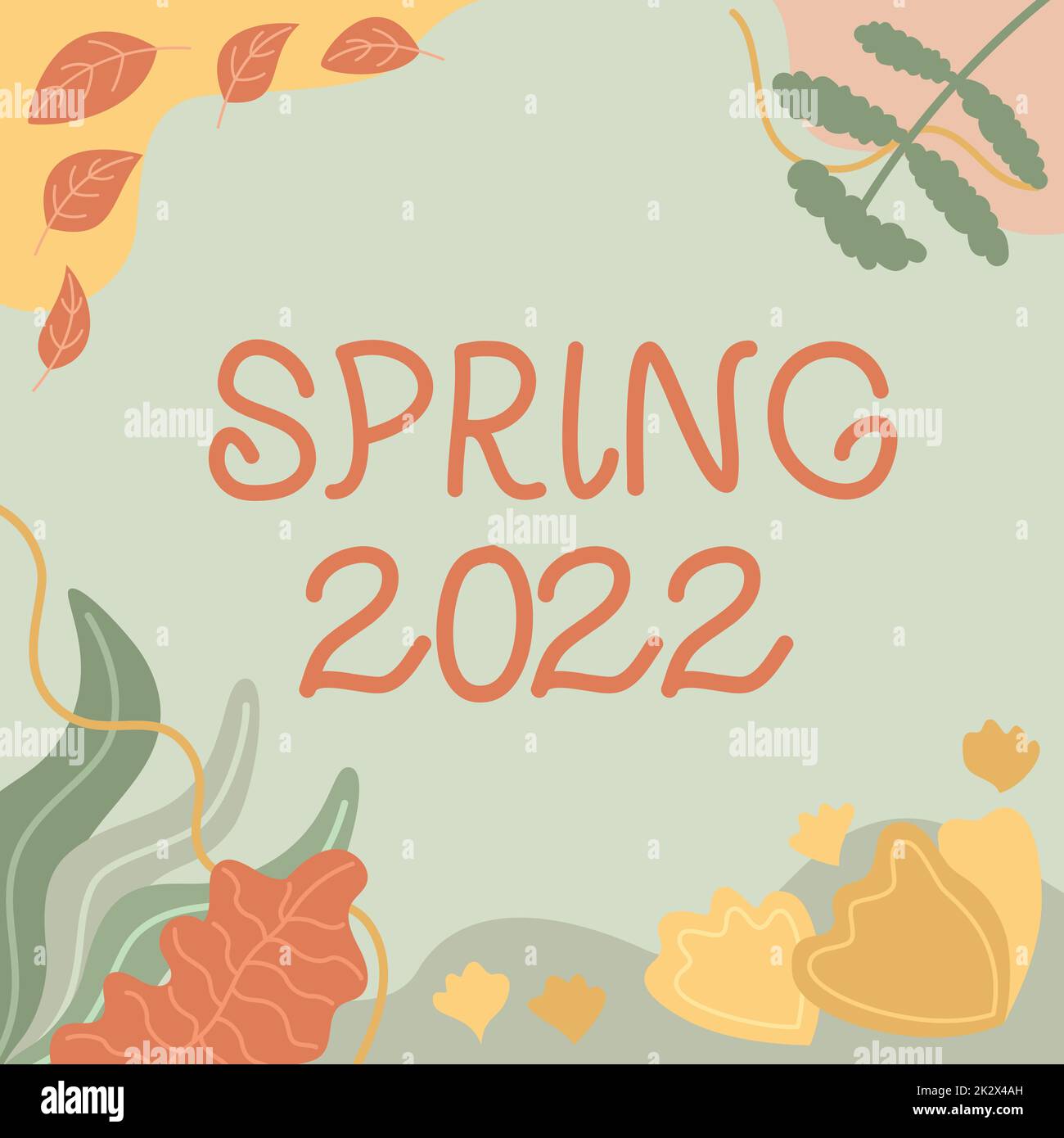 Affiche représentant le printemps 2022. Approche commerciale période de l'année où les fleurs s'élèvent après la saison d'hiver cadre blanc décoré de formes abstraites modernisées fleurs et feuillage. Banque D'Images