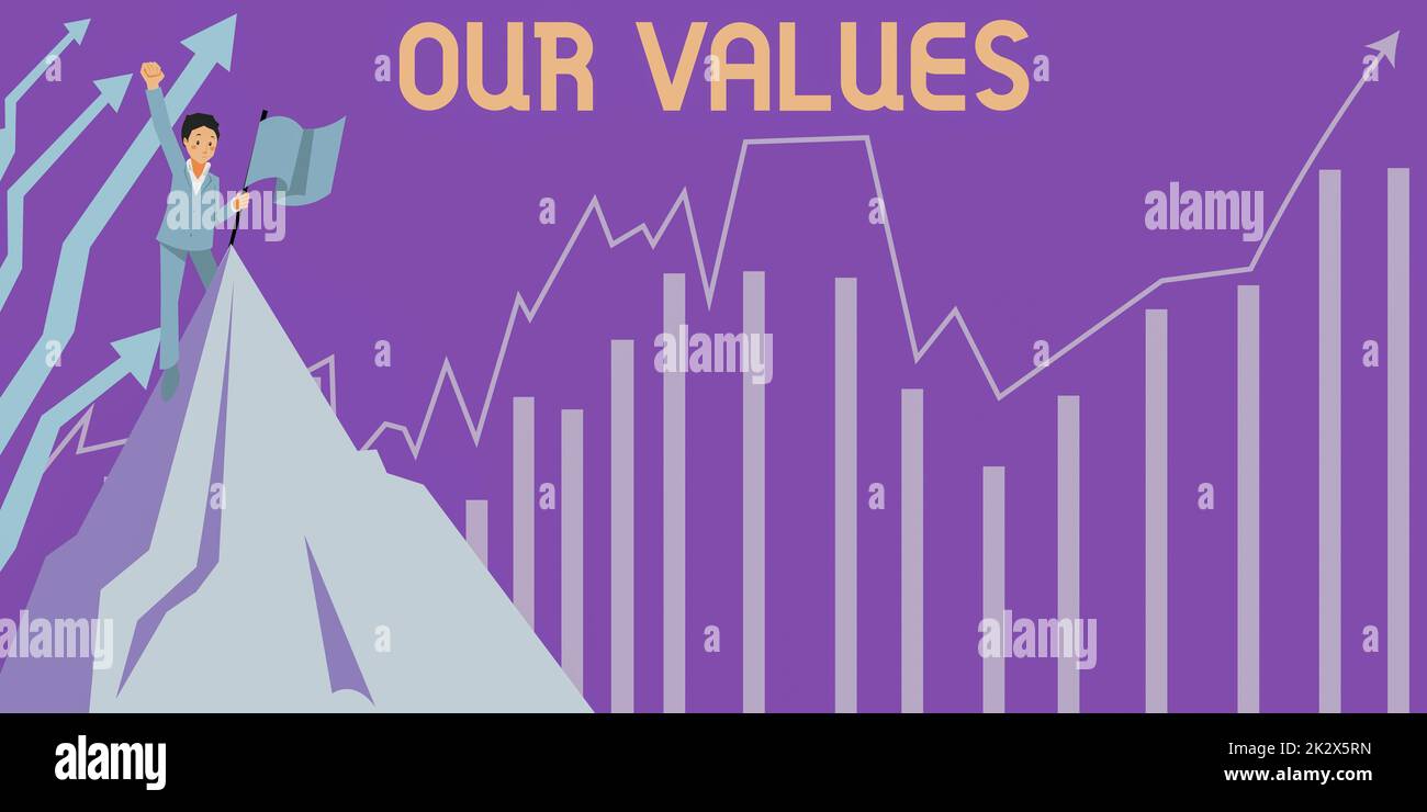 Texte d'écriture nos valeurs. Internet concept liste de mœurs entreprises ou individus s'engagent aux faire Homme levant la main au ciel debout sur la colline de haut montrant le succès. Banque D'Images