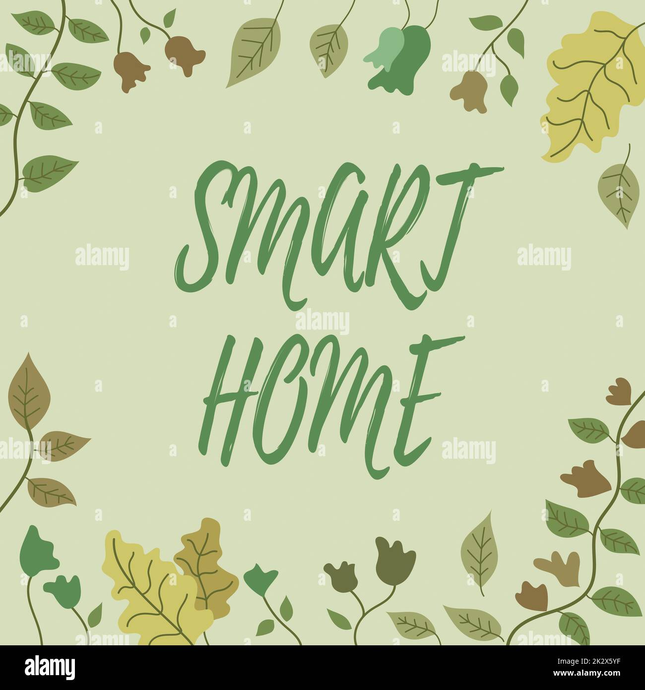 Écriture affichage de texte Smart Home. Mot écrit sur le système d'automatisation contrôle éclairage climatisation systèmes de divertissement cadre décoré avec des fleurs colorées et de feuillage arrangé harmonieusement. Banque D'Images