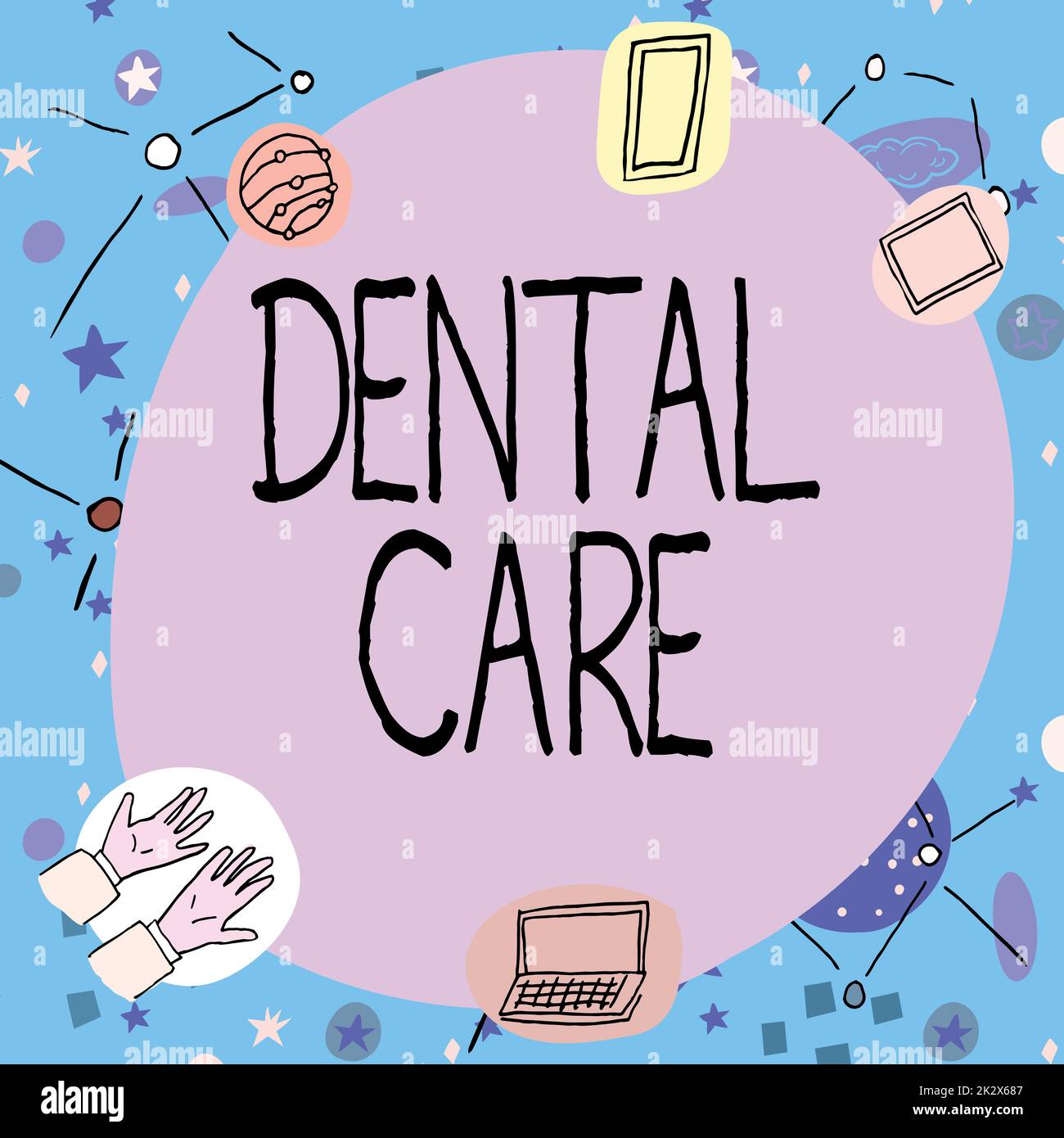 Écriture affichant le texte soins dentaires. Vue d'ensemble de l'entreprise entretien des dents saines ou pour le garder propre pour l'avenir cadre vierge décoré de symboles scientifiques modernes affichant la technologie. Banque D'Images