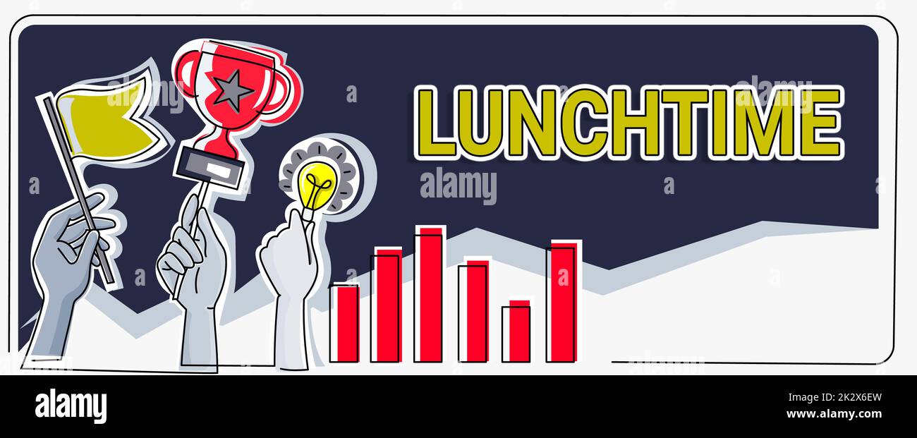 Légende conceptuelle midi. Business concept repas au milieu de la journée après le petit déjeuner et avant le dîner mains tenant des objectifs de drapeau, de la lampe idées Trophée célébrant succès barres de graphique Banque D'Images Légende conceptuelle midi. Business concept repas au milieu de la journée après le petit déjeuner et avant le dîner mains tenant des objectifs de drapeau, de la lampe idées Trophée célébrant succès barres de graphique Banque D'Images