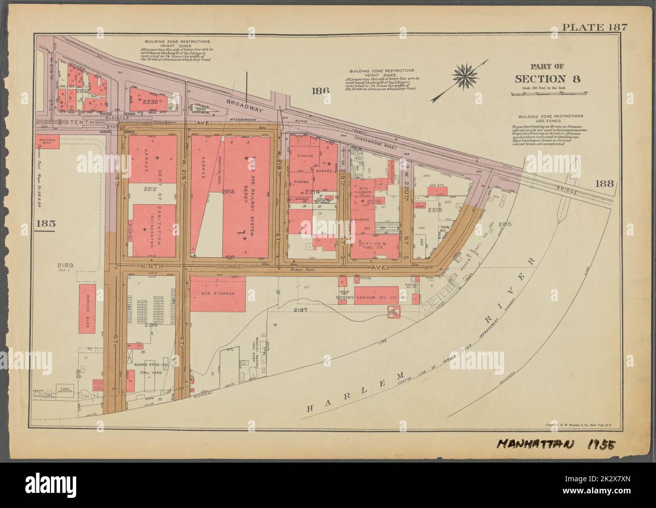Cartographie, cartes. 1955 - 1956. Lionel Pincus et Princess Firyal Map Division. Immobilier , New York (État) , New York (New York), Manhattan (New York, New York) Plaque 187, partie de la section 8 : délimitée par Broadway, (Harlem River), neuvième Avenue, W. 215th Street, dixième Avenue et W. 214th Street. Banque D'Images