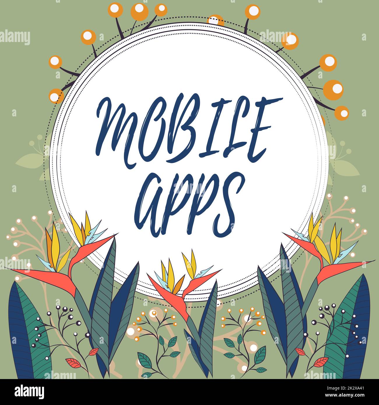 Écriture affichage de texte applications mobiles. Aperçu des affaires de petits programmes sont conçus pour fonctionner sur des téléphones comme l'App Store ou l'App Store cadre décoré avec des fleurs colorées et le feuillage arrangé harmonieusement. Banque D'Images