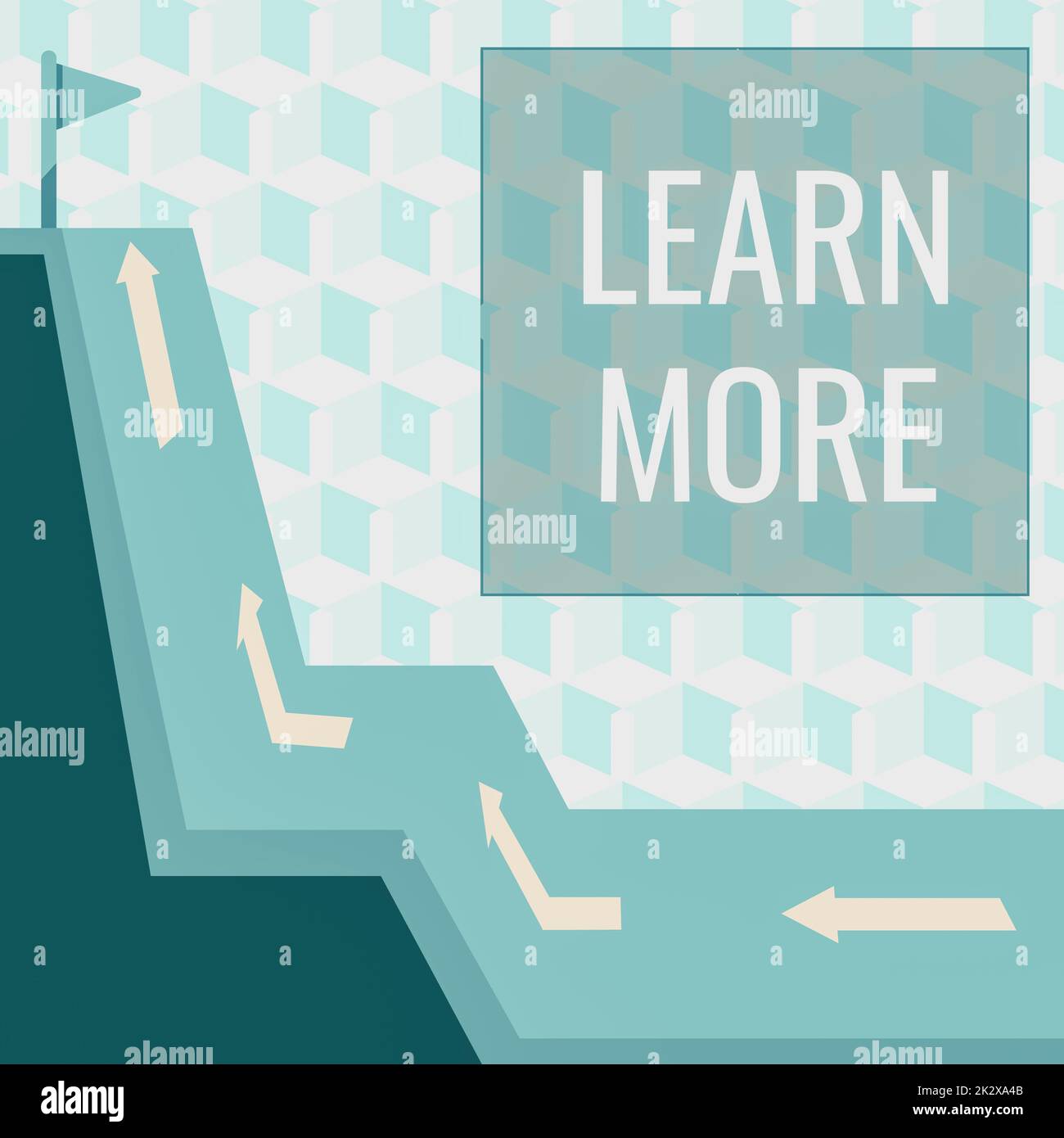 Signe d'écriture à la main en savoir plus. Concept d'affaires approfondir la connaissance de ce que vous voulez faire ou de nouvelles compétences Mountain Range Drawing avec la route menant à l'drapeau élevé au sommet. Banque D'Images