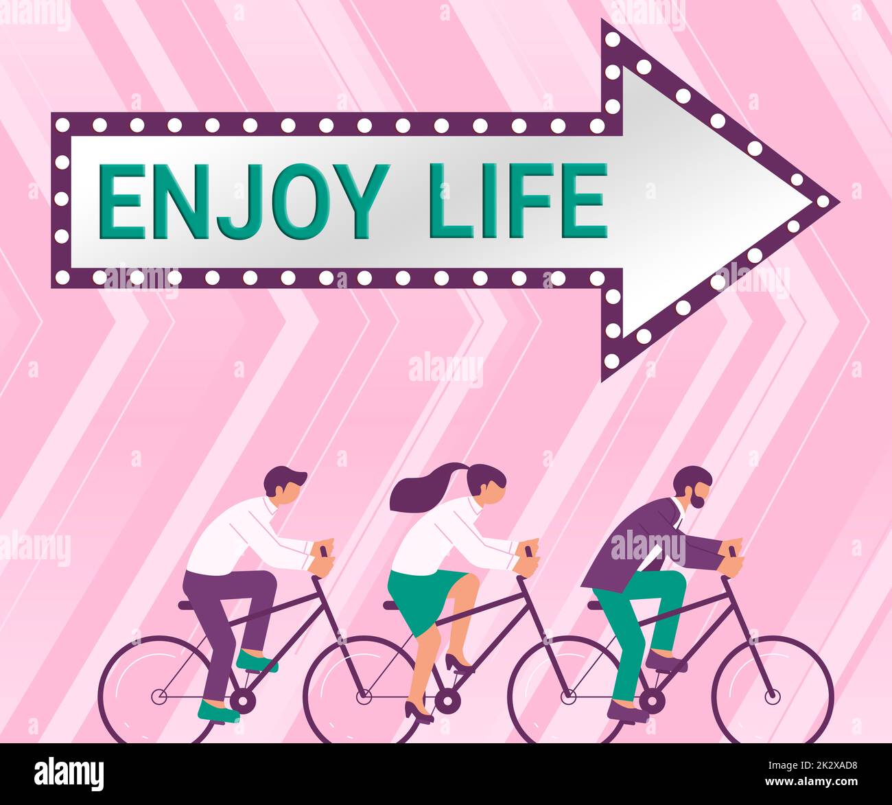 Panneau d'écriture à la main Profitez de la vie. Vue d'ensemble des affaires n'importe quoi, endroit, nourriture ou personne, qui vous fait se détendre et heureux trois collègues de vélo d'équitation représentant le travail d'équipe réussi. Banque D'Images