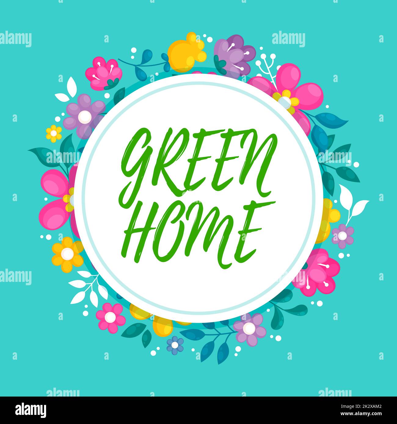 Texte d'écriture Accueil vert. Mot écrit sur une zone remplie de plantes et d'arbres où vous pouvez vous détendre cadre décoré avec des fleurs colorées et le feuillage arrangé harmonieusement. Banque D'Images