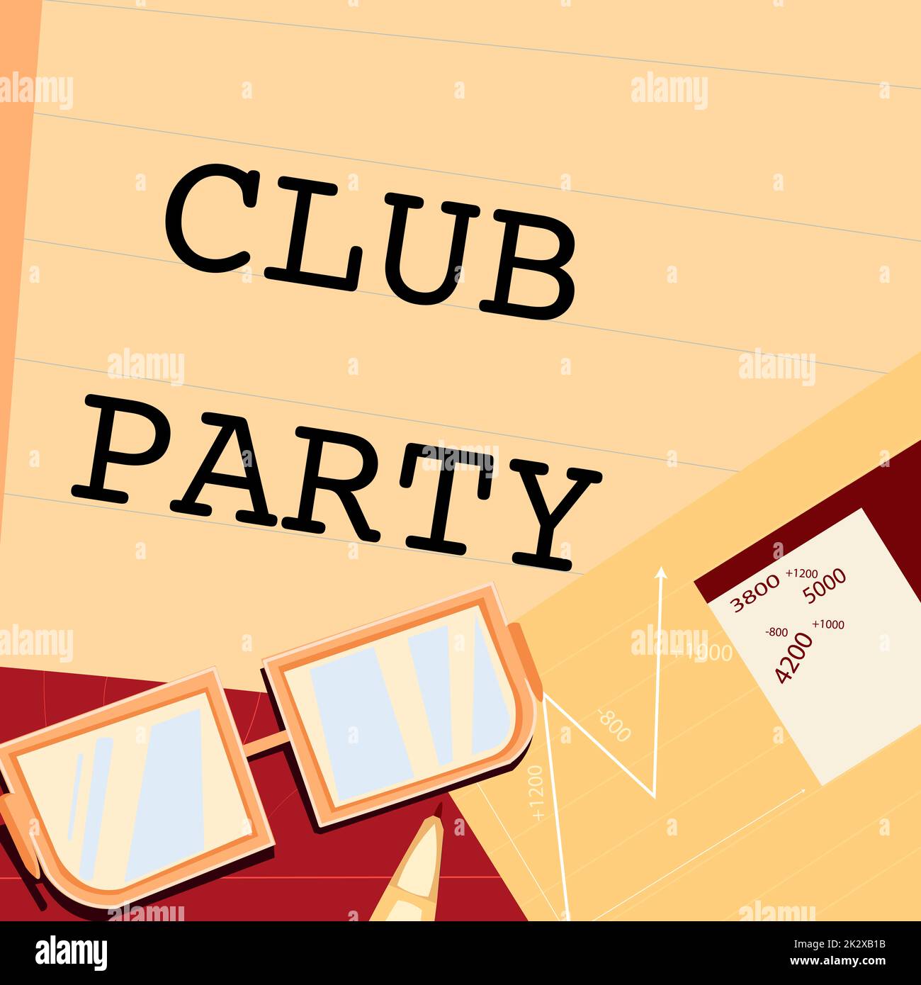 Légende du texte présentant Club Party. Concept signifiant rassemblement social dans un endroit qui est informel et peut avoir des boissons papier assis sur le bureau composé de graphiques calcul des plans financiers. Banque D'Images