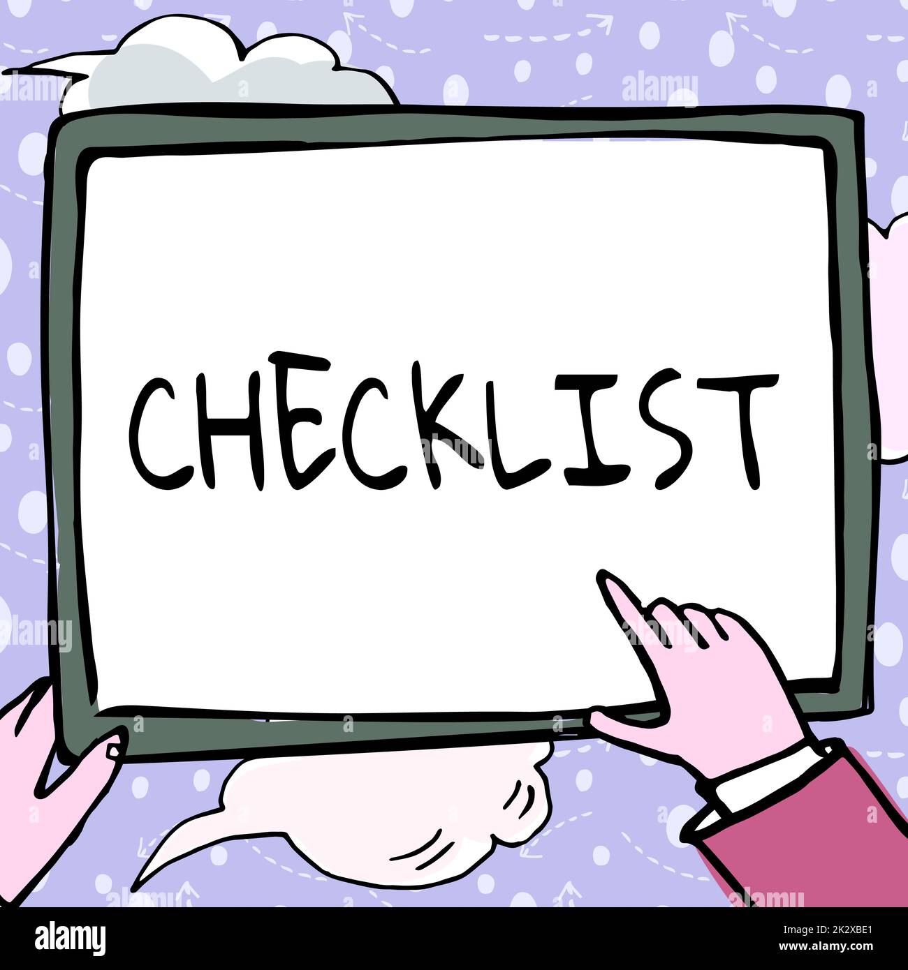 Légende de la liste de vérification de présentation. Mot écrit sur la liste en bas de l'activité détaillée comme guide de faire quelque chose mains tenant le papier montrant de nouvelles idées entouré de étoiles. Banque D'Images