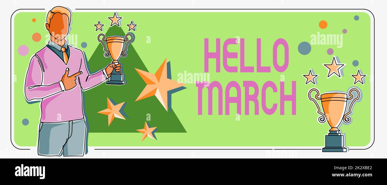 Signe écrit à la main Bonjour mars. Mot pour la composition musicale habituellement en duple ou quadruple avec beat Man pointant le doigt tenant trophée acclamer atteignant le succès du projet. Banque D'Images