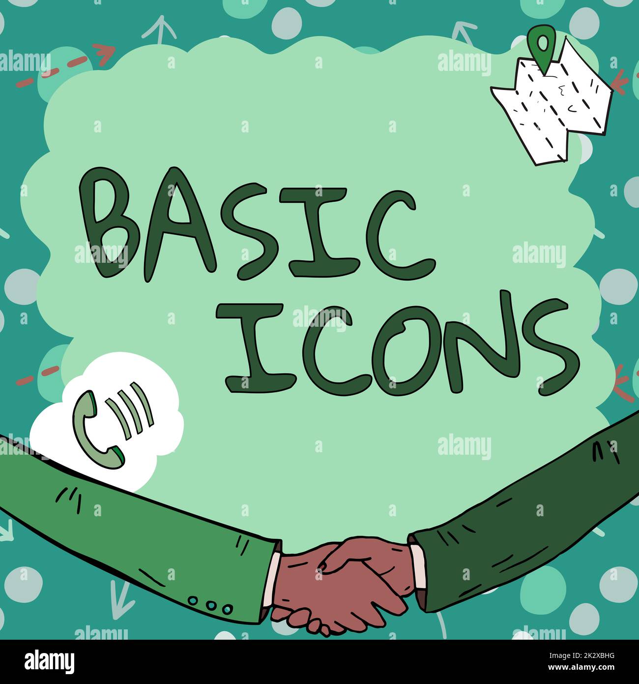 Texte affichant les icônes inspiration Basic. Un pictogramme ou un idéogramme de vitrine d'affaires est affiché sur un écran d'ordinateur ou un téléphone. Un cadre vide décoré de symboles de communication représente une réunion d'affaires Banque D'Images