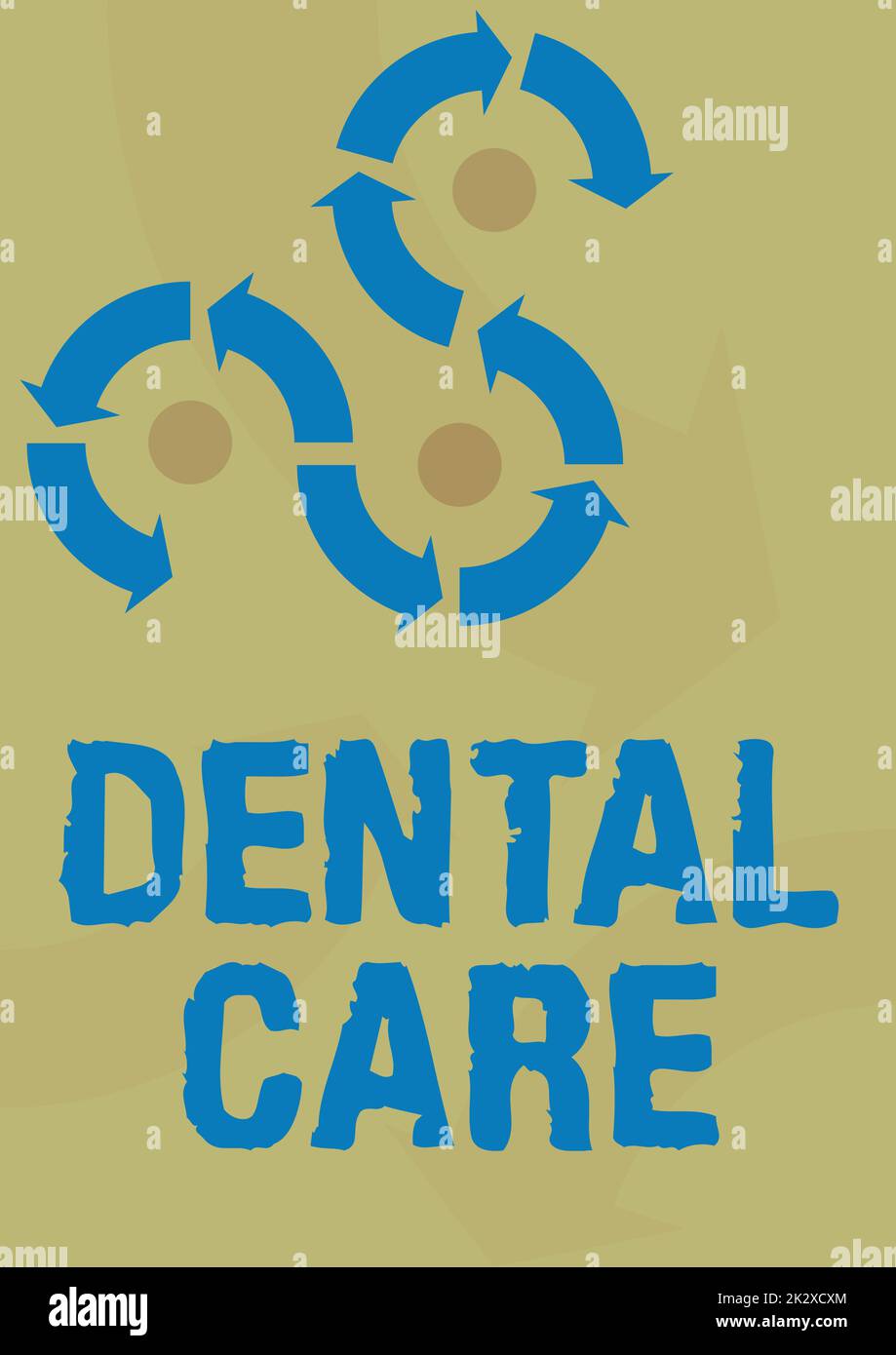 Affiche indiquant soins dentaires. Mot pour le maintien de dents saines ou pour le garder propre pour le futur signe de flèche symbolisant avec succès l'accomplissement des cycles de projet. Banque D'Images