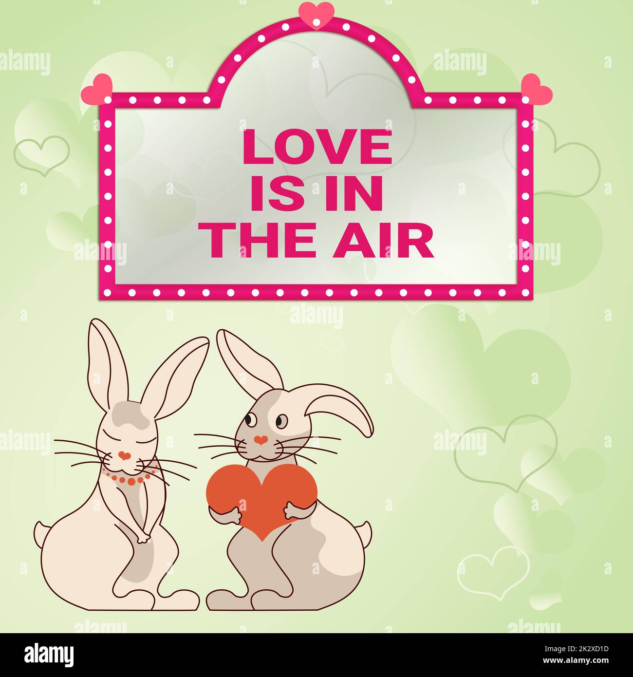 L'AMOUR conceptuel de l'affichage EST DANS L'AIR. Approche commerciale Saint-Valentin cartes de voeux en arrière-plan rouge lapins avec des cadeaux en forme de coeur démontrez les amoureux passionnés avec des cadeaux Banque D'Images
