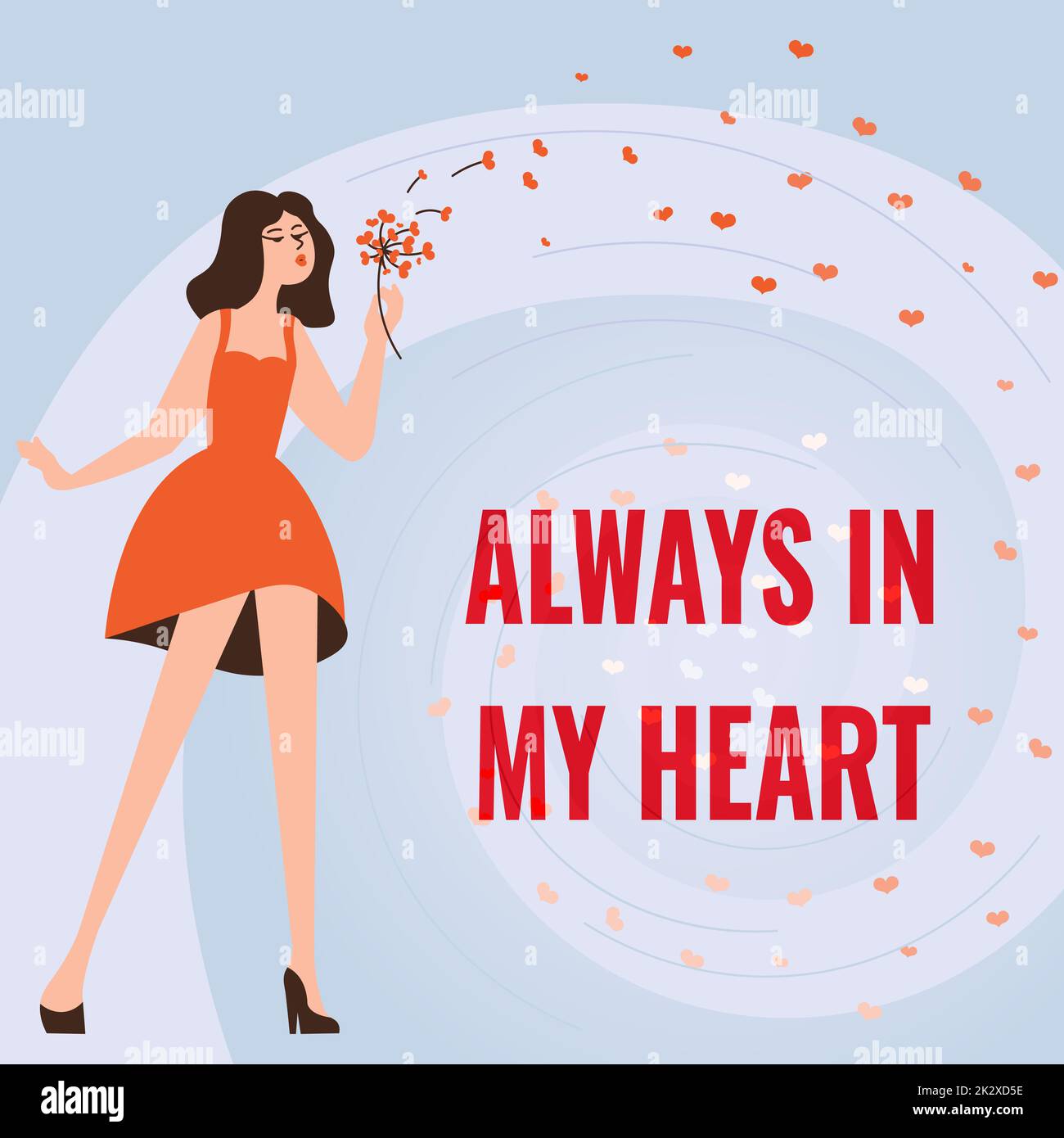 Légende conceptuelle TOUJOURS DANS MON CŒUR. Photo conceptuelle l'histoire d'amour exprimant l'amant d'être quelqu'un femme spéciale soufflant bouquet de fleurs montrant la nature romantique paisible. Banque D'Images