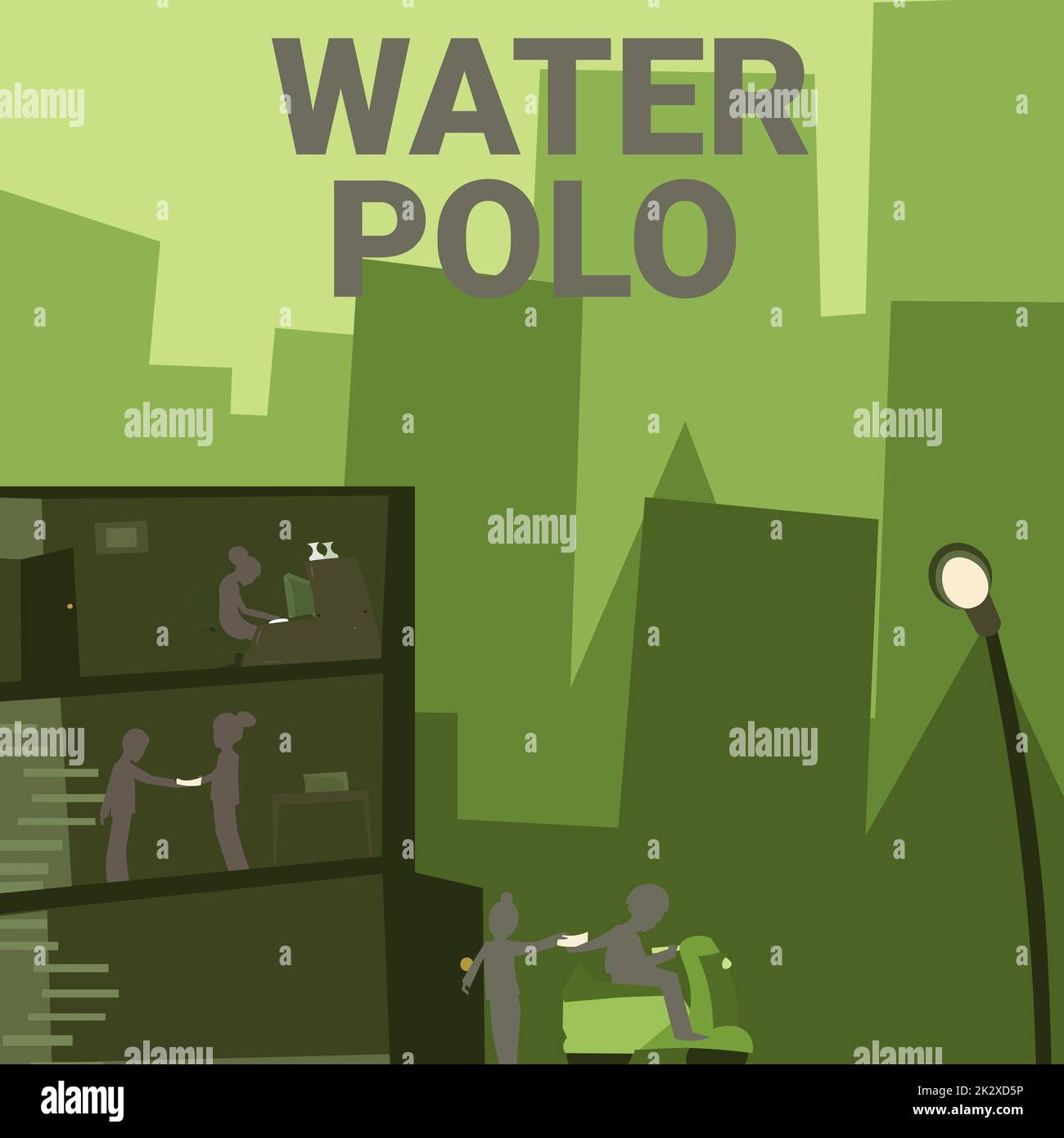 Texte d'écriture Water Polo. Concept Internet le sport d'équipe de compétition a joué dans l'eau entre deux équipes immeuble de bureaux avec des gratte-ciels dessin montrant City Skyline. Banque D'Images