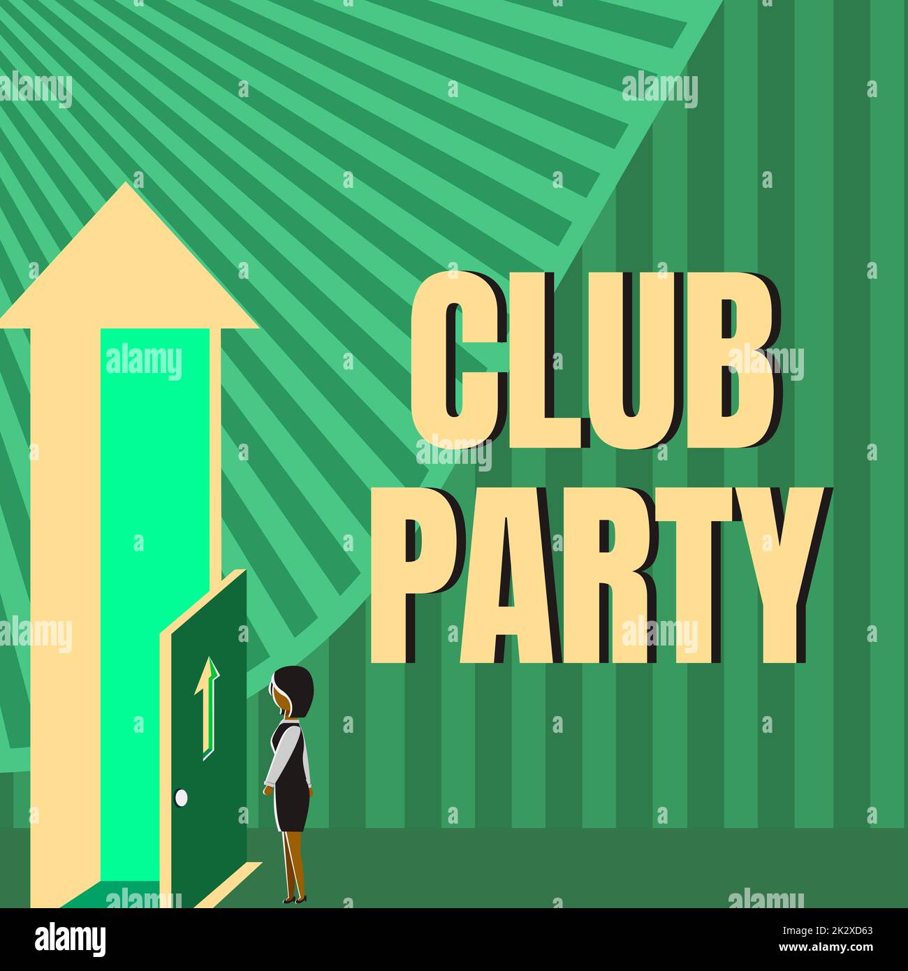 Signe écrit à la main Club Party. Business concept social rassemblement dans un endroit qui est informel et peut avoir des boissons Lady debout devant de la porte ouvrant de nouvelles opportunités de succès. Banque D'Images