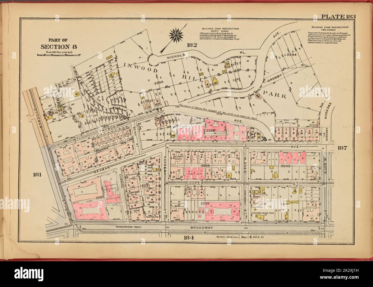 Cartographie, cartes. 1927. Lionel Pincus et Princess Firyal Map Division. Immobilier , New York (État) , New York, Manhattan (New York, New York) Plaque 183, partie de la section 8 : délimitée par Nichols place, avenue Payson, parc Inwood Hill, rue Emerson, rue W. 207th, Broadway et Dyckman Street Banque D'Images