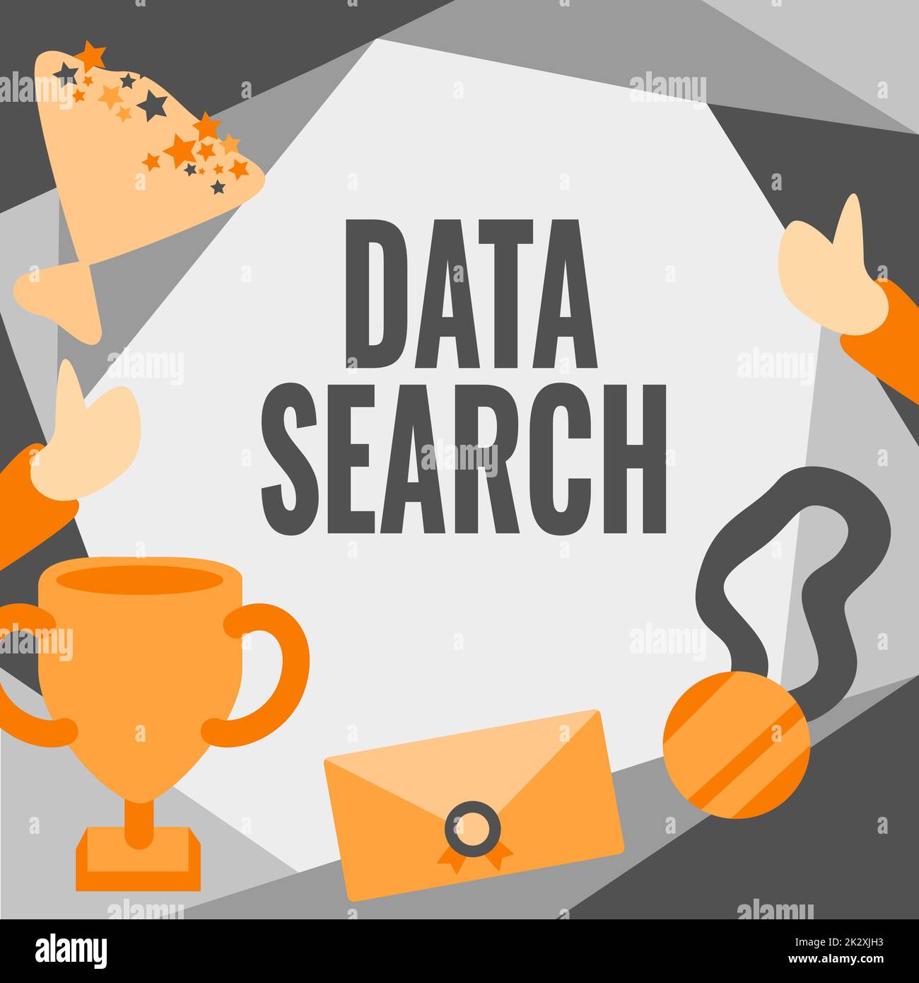 Recherche de données de légende conceptuelle. La présentation de l'entreprise rassemble et rapporte des informations contenant des termes spécifiques personnes félicitant la réussite de la présentation des médailles de Trophée. Banque D'Images