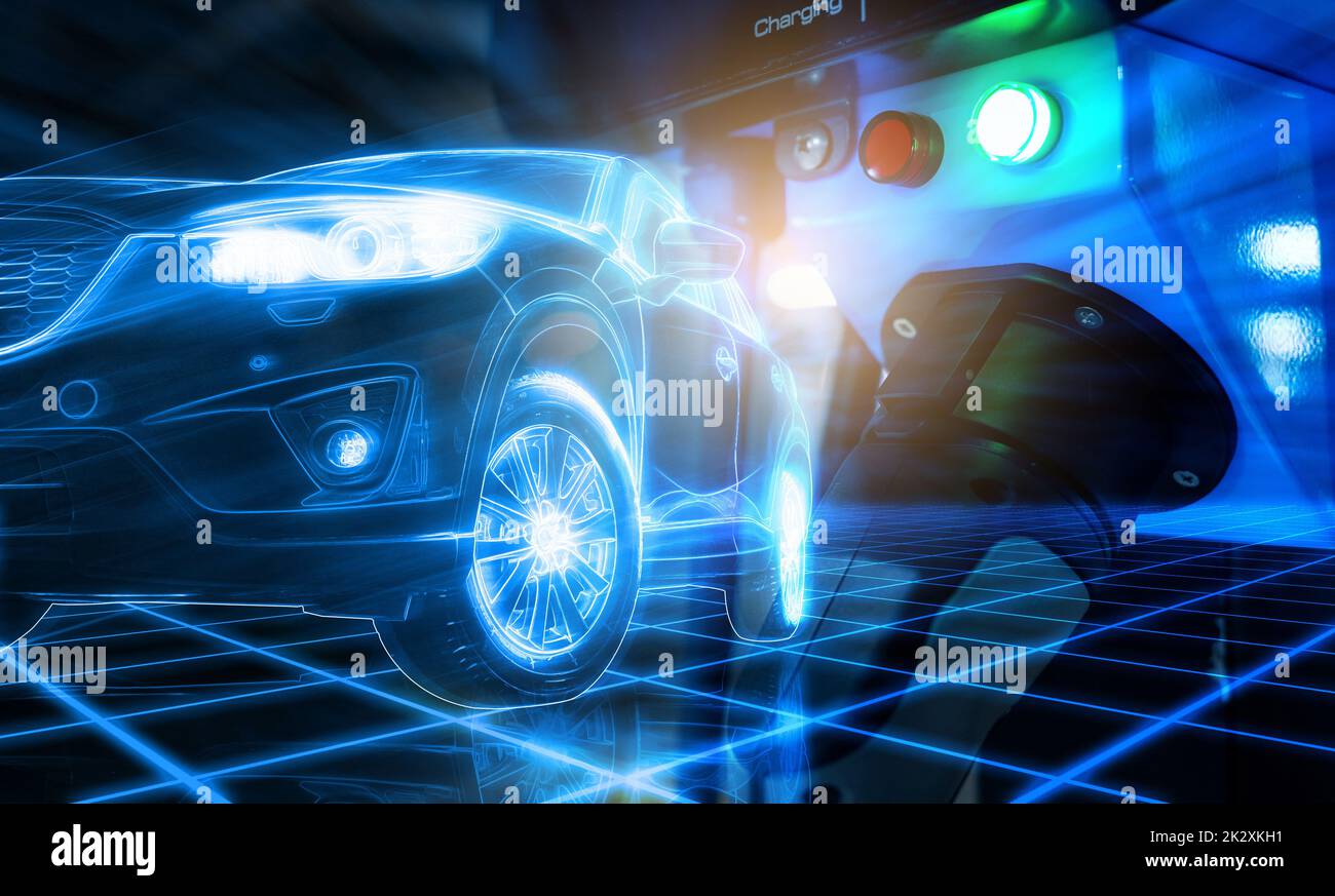 Voiture électrique et station de charge de voiture électrique dans un concept de véhicule futuriste. Point de charge de la voiture électrique sur le parking. Charge rapide de véhicule électrique. Énergie durable. Énergie verte. Transport futur. Banque D'Images
