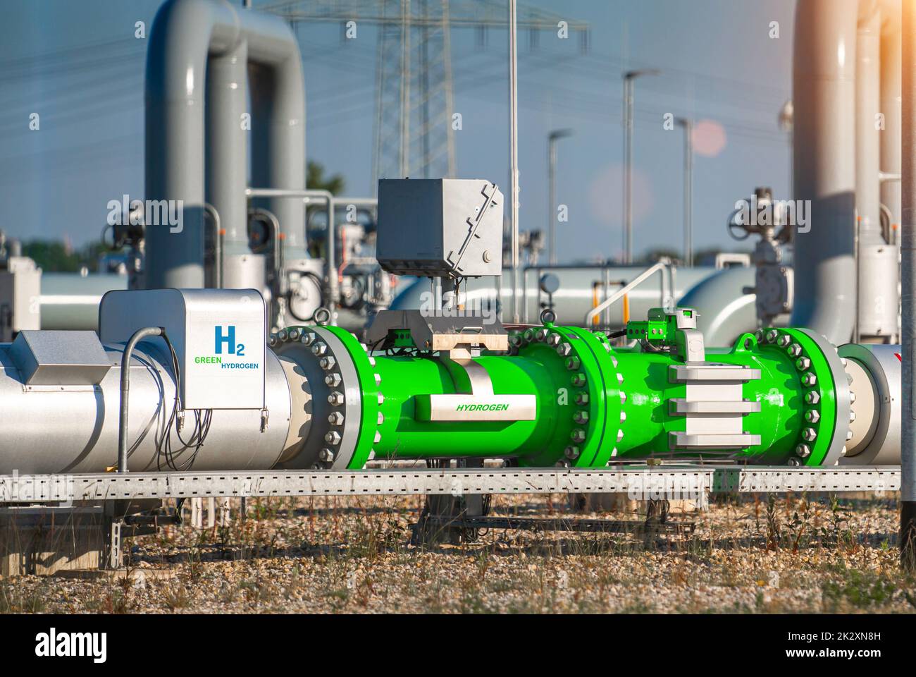 Pipeline de production d'énergie renouvelable à l'hydrogène vert - gaz d'hydrogène vert pour l'électricité propre installation d'énergie solaire et éolienne Banque D'Images