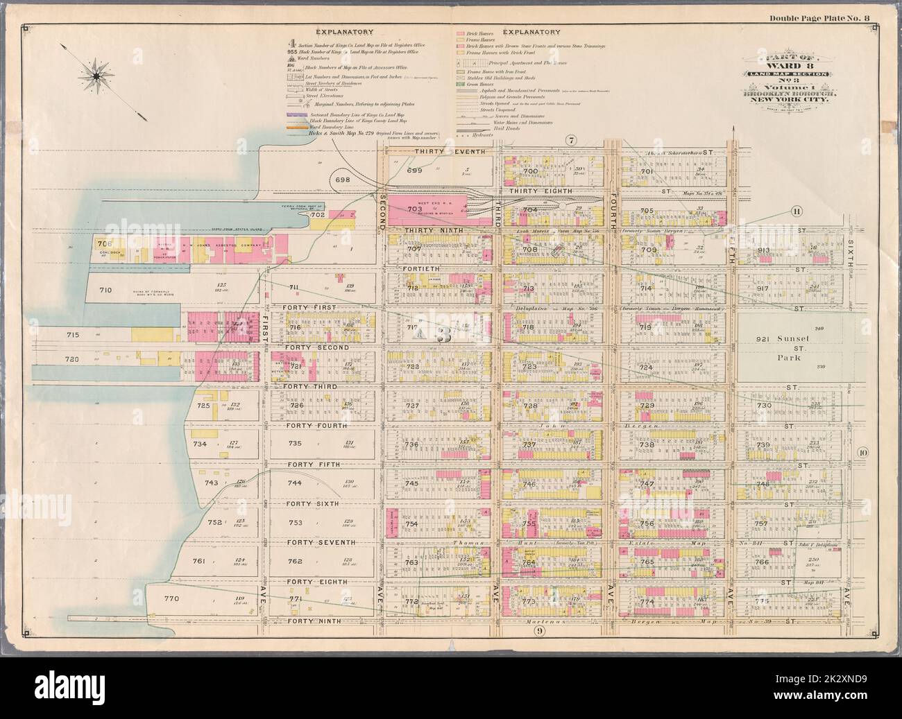 Cartographie, cartes. 1898. Lionel Pincus et Princess Firyal Map Division. Brooklyn (New York, N.Y.), immeuble , New York (État) , New York Double page plaque no 8 : délimitée par Thirty Seventh St., Fifth Ave., Thirth Ninth St., Sixth Ave., quarante Ninth St., Première avenue, quarantième rue et deuxième avenue partie du quartier 8. Section de la carte terrestre, no 3, volume 1, Brooklyn Borough, New York City. Banque D'Images