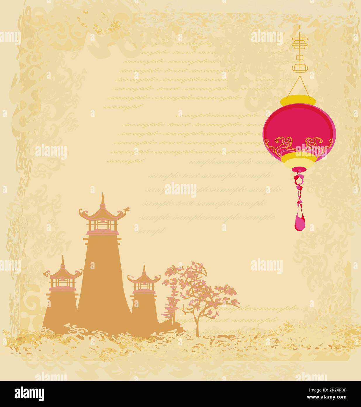 Vieux papier avec paysage asiatique et lanternes chinoises - vintage japanese style background Banque D'Images