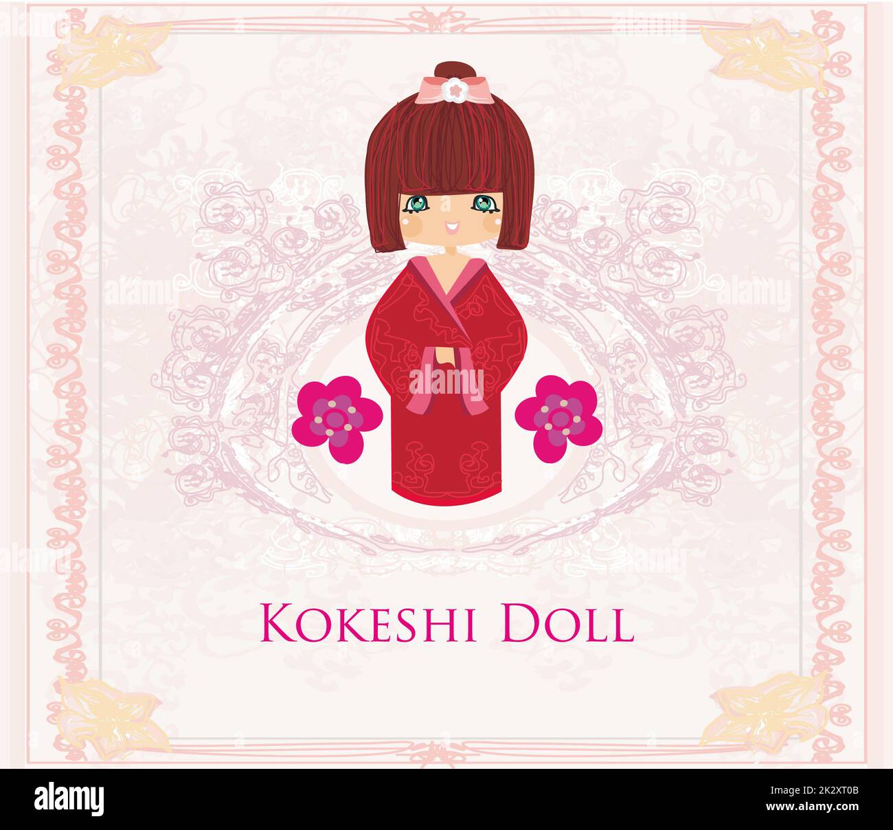 Poupée Kokeshi sur le fond rose avec ornement floral Banque D'Images