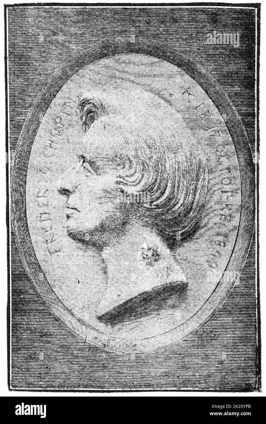 Bas-relief sous la forme d'un médaillon sur la tombe de Frédéric Chopin dans le cimetière du Père Lachaise, Paris. Illustration du 19e siècle. Arrière-plan blanc. Banque D'Images