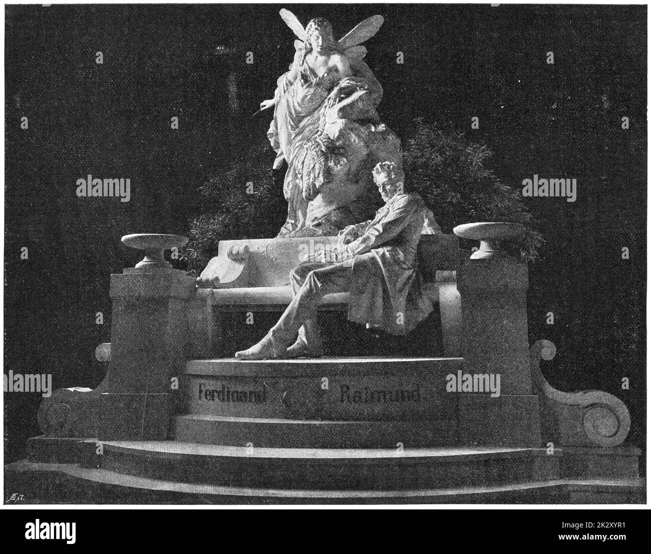 Monument Ferdinand Raimund, Vienne. Ferdinand Raimund - acteur et dramaturge autrichien. Illustration du 19e siècle. Arrière-plan blanc. Banque D'Images