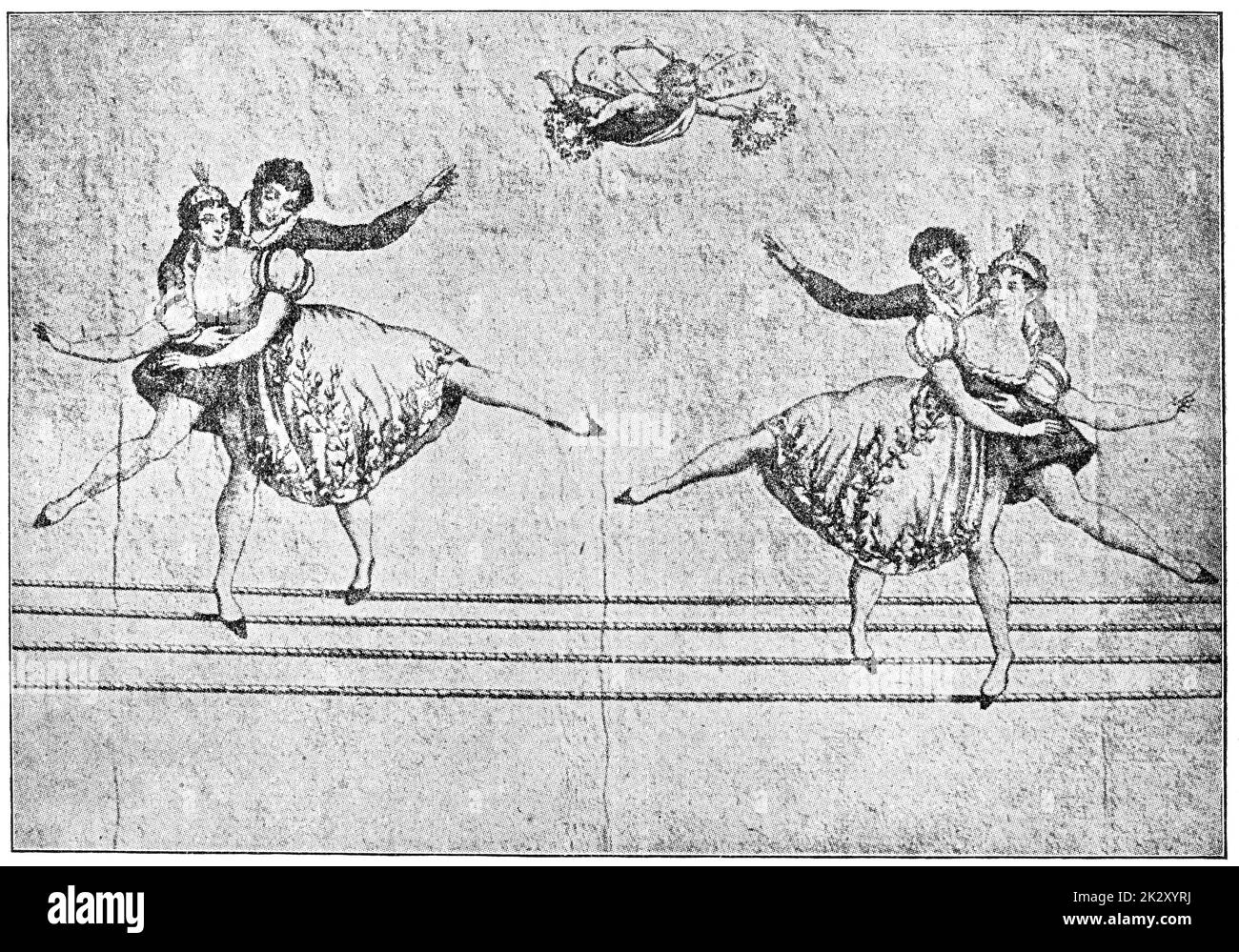 Performance par une famille de marcheurs sur corde raide. Illustration du 19e siècle. Arrière-plan blanc. Banque D'Images
