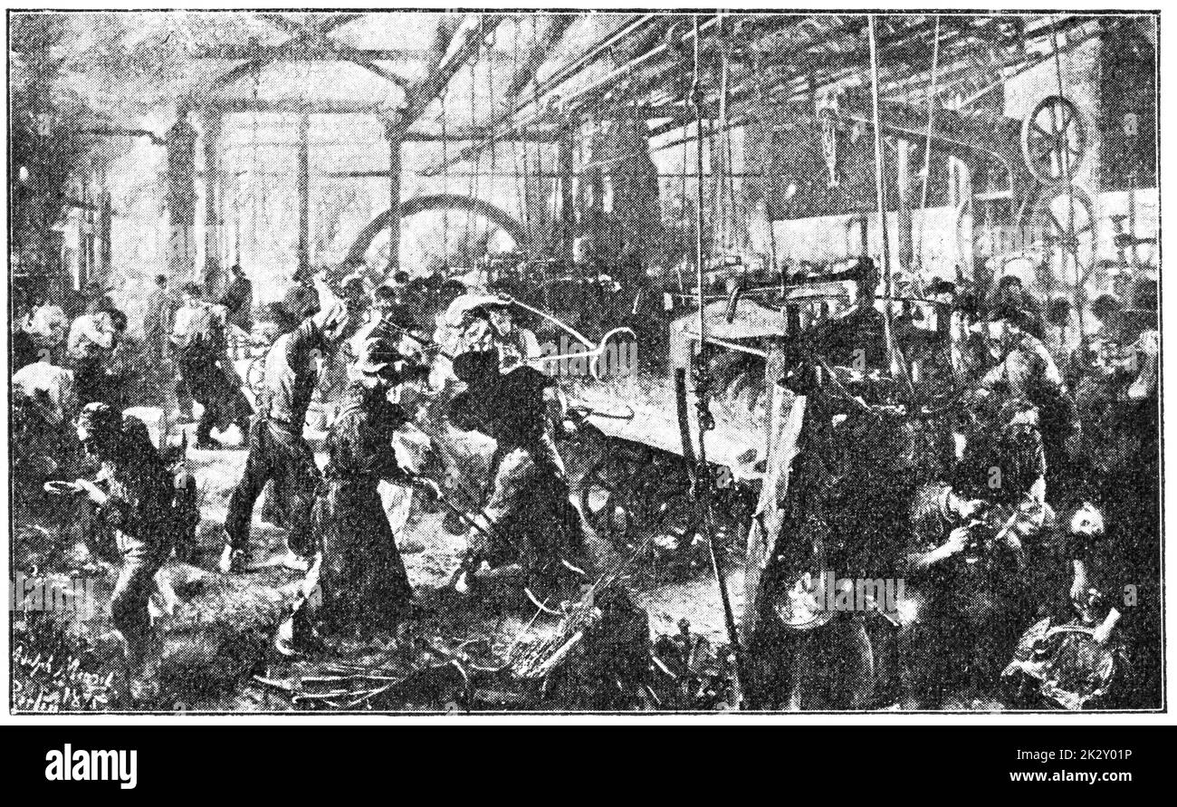 Iron Rolling Mill (Eisenwalzwerk) est un tableau de l'artiste allemand Adolph Menzel. Illustration du 19e siècle. Arrière-plan blanc. Banque D'Images