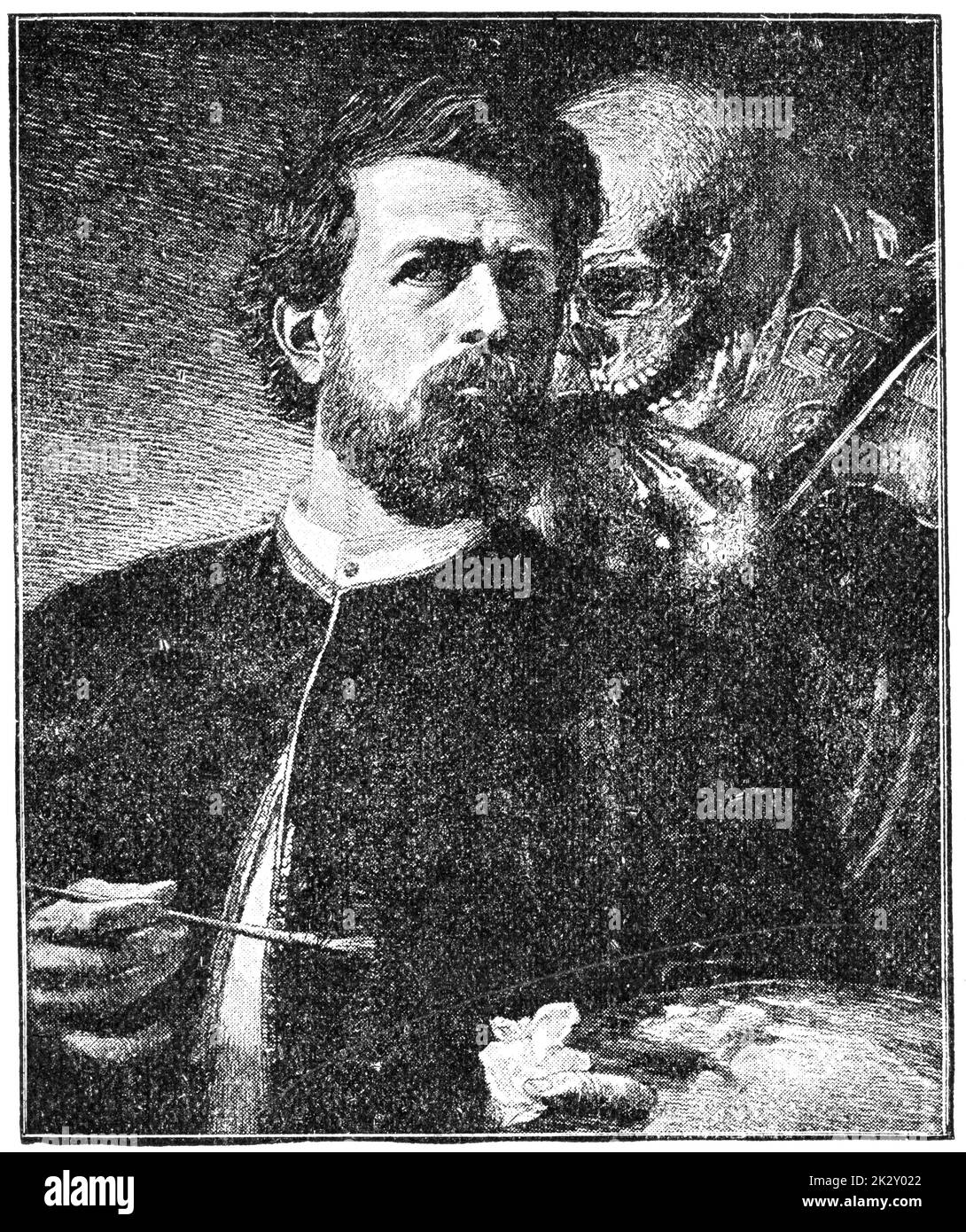 'Self-Portrait avec la mort jouant le violon' par un peintre suisse d'Arnold Boecklin. Illustration du 19e siècle. Arrière-plan blanc. Banque D'Images