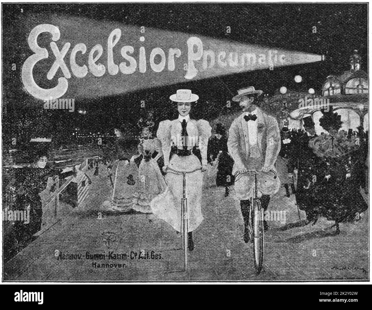 Affiche publicitaire. Excelsior pneumatique. Illustration du 19e siècle. Allemagne. Arrière-plan blanc. Banque D'Images