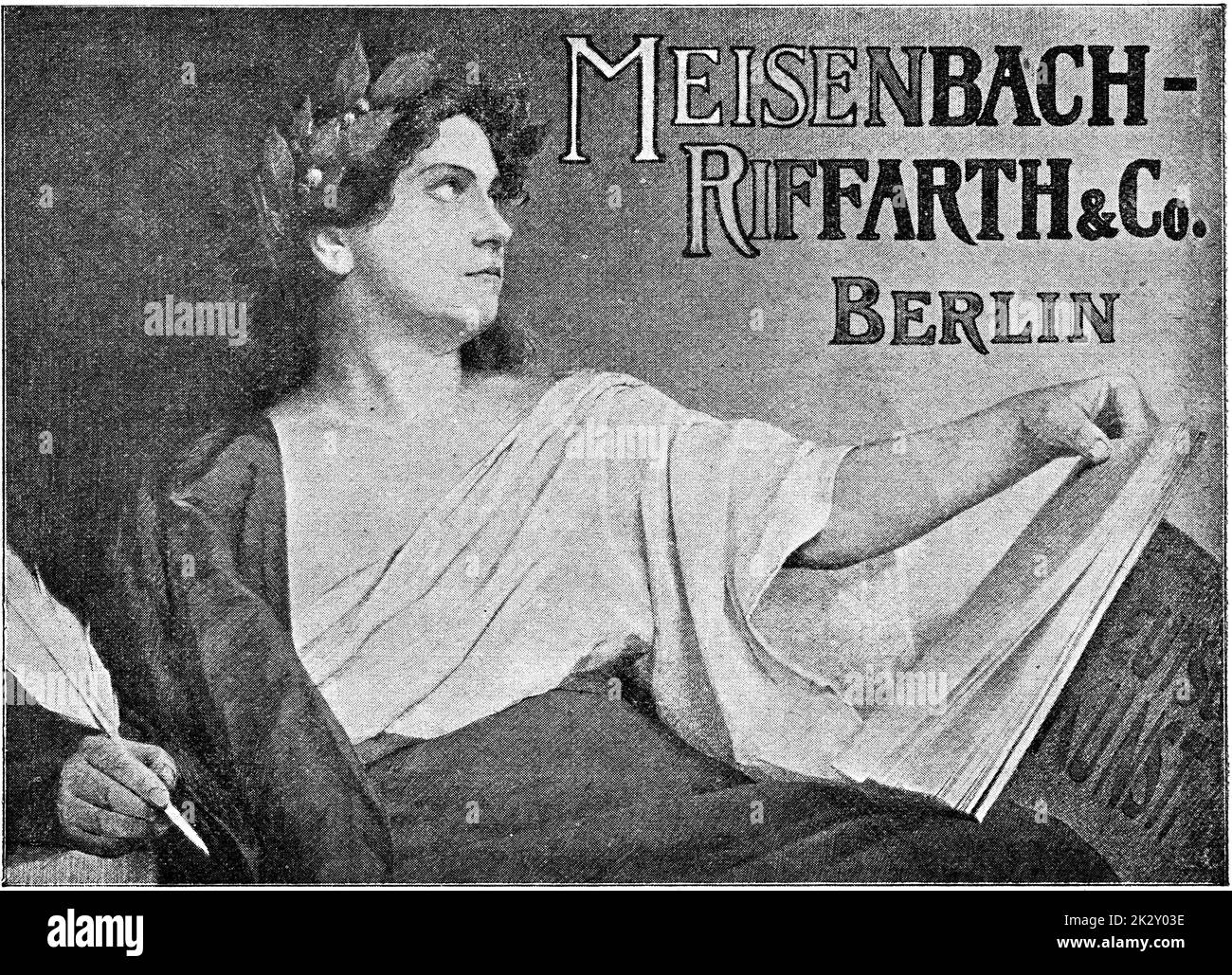 Affiche publicitaire de Meisenbach Riffarth & Co. Illustration du XIXe siècle. Allemagne. Arrière-plan blanc. Banque D'Images