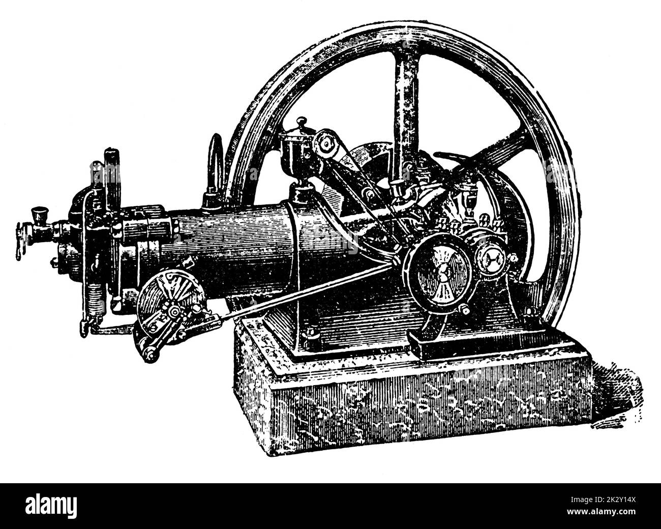 Moteur à gaz horizontal. Illustration du 19e siècle. Allemagne. Arrière-plan blanc. Banque D'Images