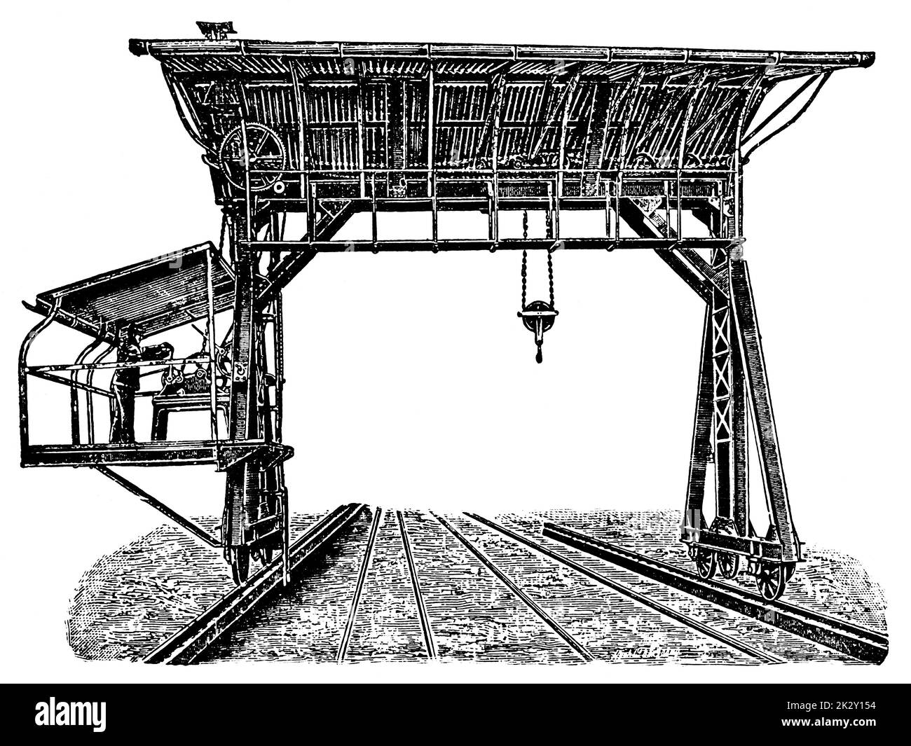 Grue de chargement et de chevalet. Illustration du 19e siècle. Allemagne. Arrière-plan blanc. Banque D'Images