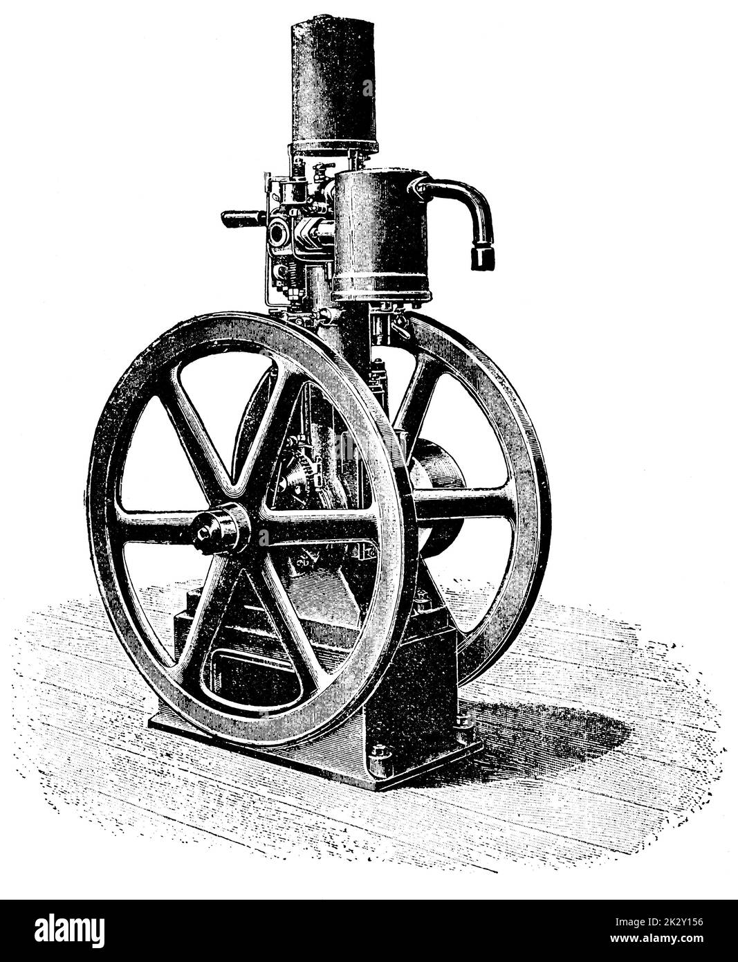 Moteur à gaz vertical. Illustration du 19e siècle. Allemagne. Arrière-plan blanc. Banque D'Images