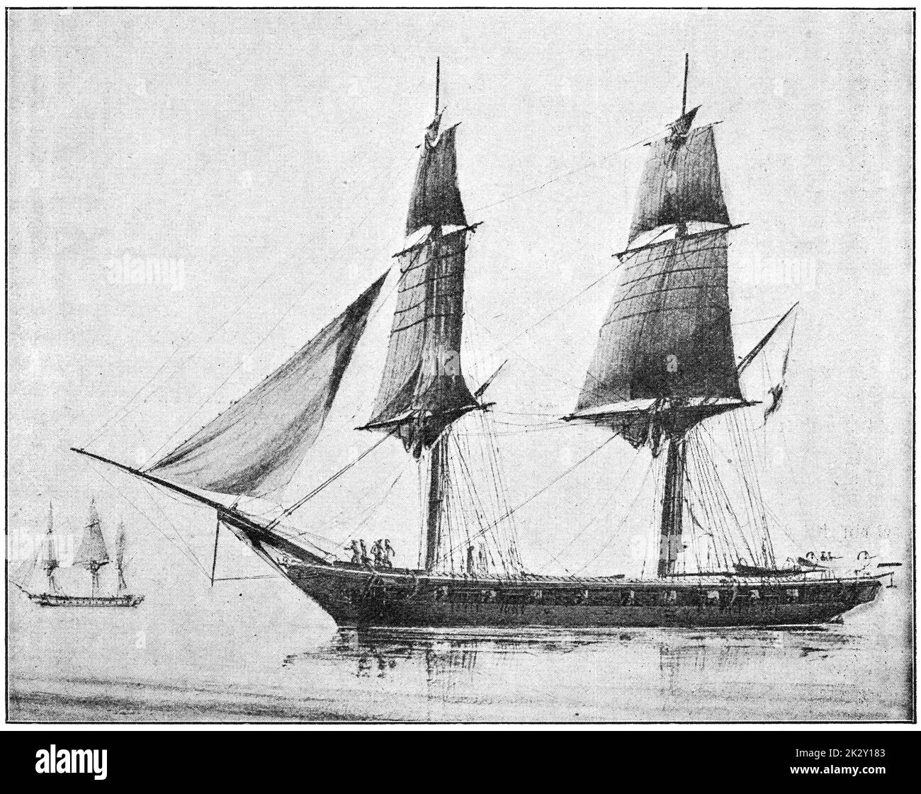 Mercure (1842) - un brig de 18 canons, de la Marine française. Illustration du 19e siècle. Allemagne. Arrière-plan blanc. Banque D'Images