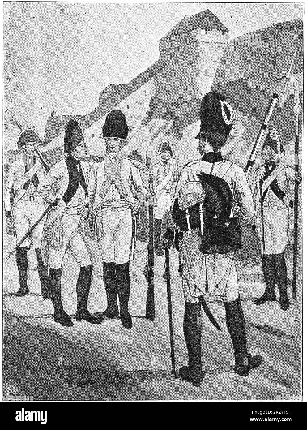 Infanterie saxonne électorale (1802). Illustration du 19e siècle. Allemagne. Arrière-plan blanc. Banque D'Images