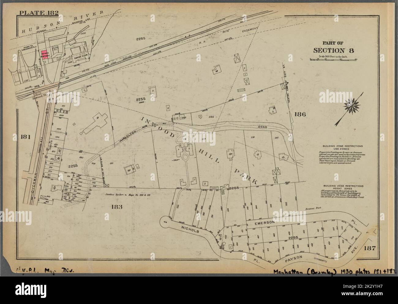 Cartographie, cartes. 1930. Lionel Pincus et Princess Firyal Map Division. Immobilier , New York (État) , New York, Manhattan (New York, New York) Plaque 182, partie de la section 8 : délimitée par (Hudson River) Bolton Road, Inwood Hill Park, Emerson place, Payson Avenue, Nichols place et Dyckman Street Banque D'Images