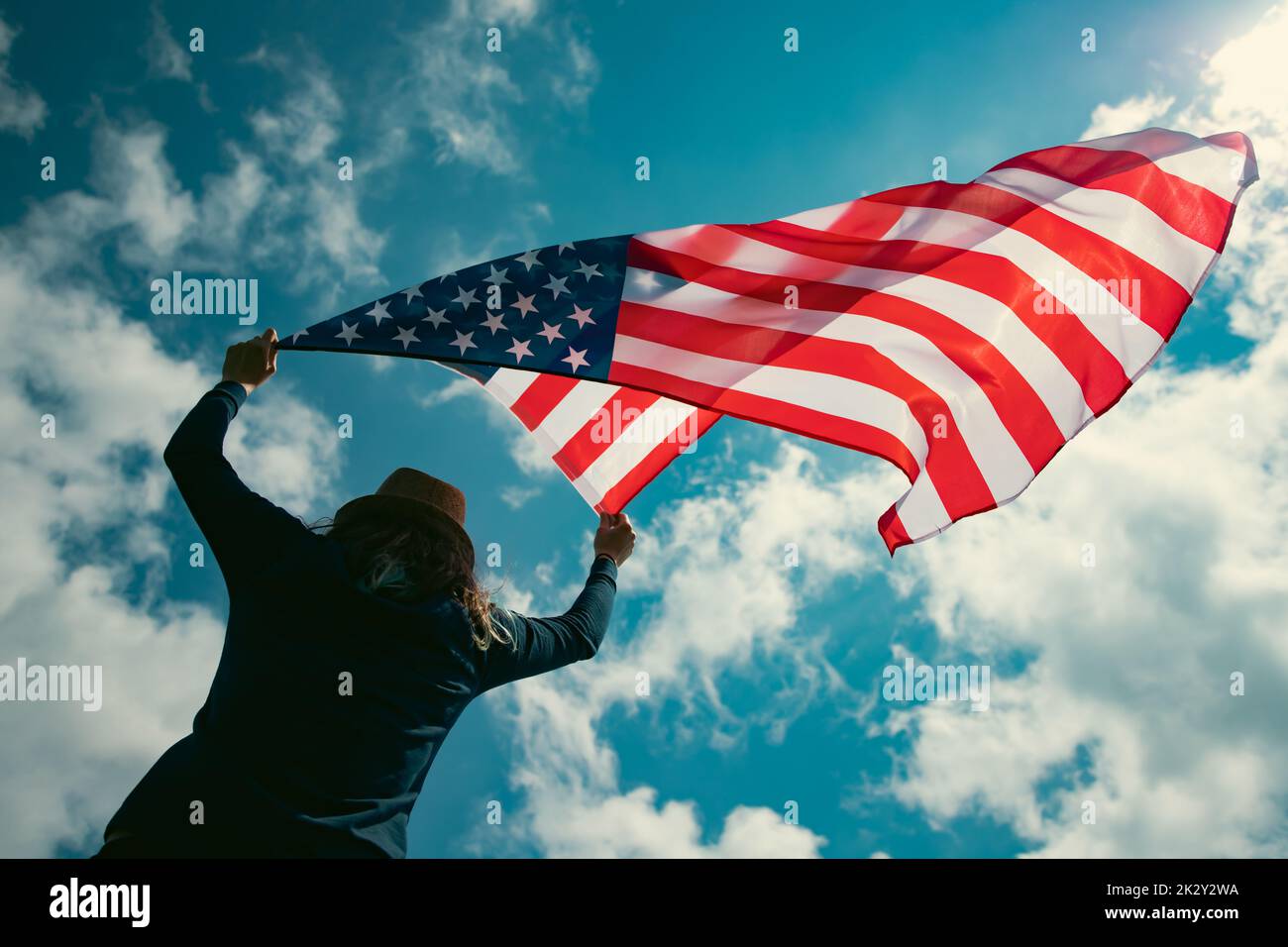 Femme avec drapeau USA. Banque D'Images