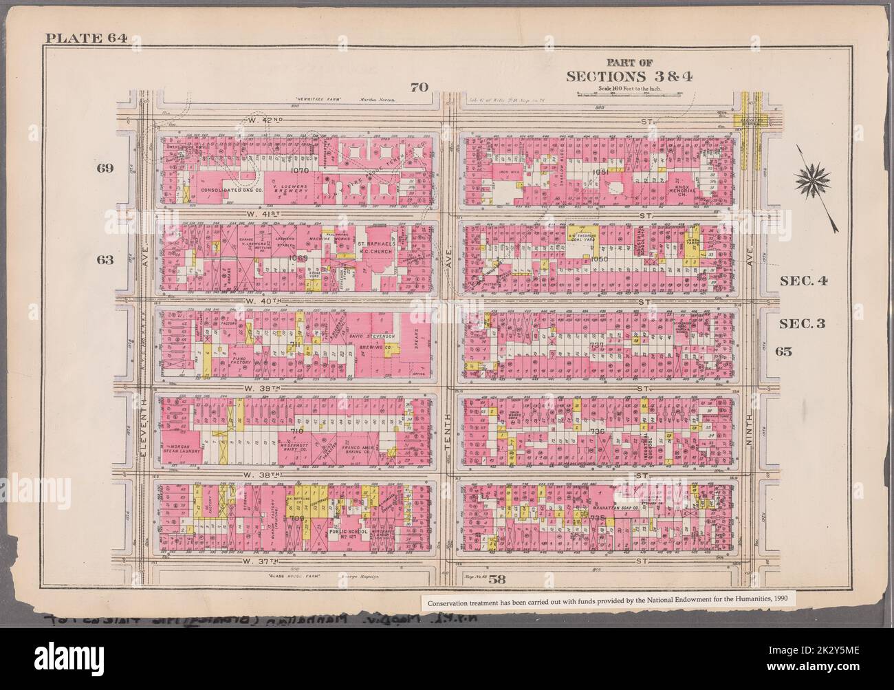 Cartographie, cartes. 1916. Lionel Pincus et Princess Firyal Map Division. Atlas, Manhattan (New York, New York), propriété immobilière , New York (État) , New York plate 64 : délimitée par W. 42nd Street, Ninth Avenue, W. 37th Street et Elevth Avenue partie des sections 3 et 4 Banque D'Images