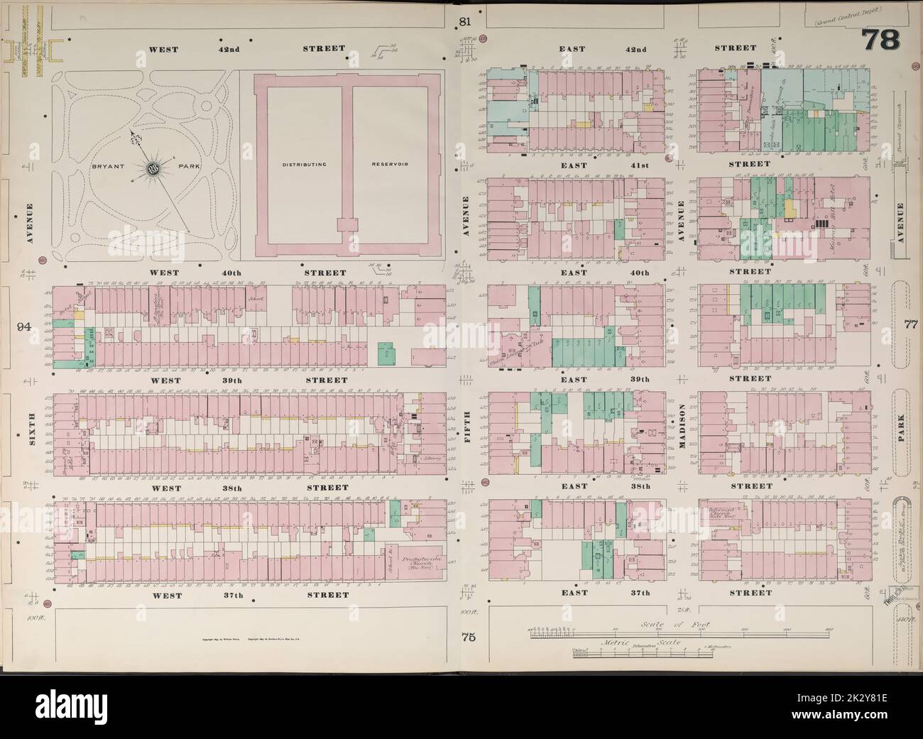 Cartographic, Maps. 1890. Lionel Pincus and Princess Firyal Map Division. Fire insurance , New York (State), Real property , New York (State), Cities & towns , New York (State) Manhattan, V. 4, Double Page Plate No. 78 Map bounded by W. 42nd St., E. 42nd St., Park Ave., E. 37th St., W. 37th St., 6th Ave. Banque D'Images