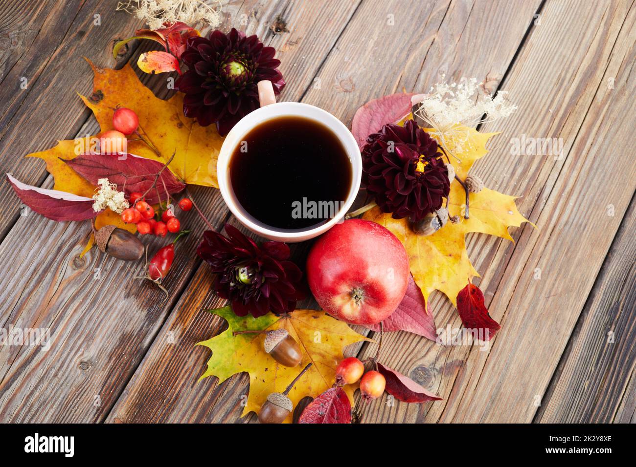Composition d'automne - café, feuilles d'érable et fleurs sur fond de bois. Concept d'automne saisonnier avec boisson. Banque D'Images