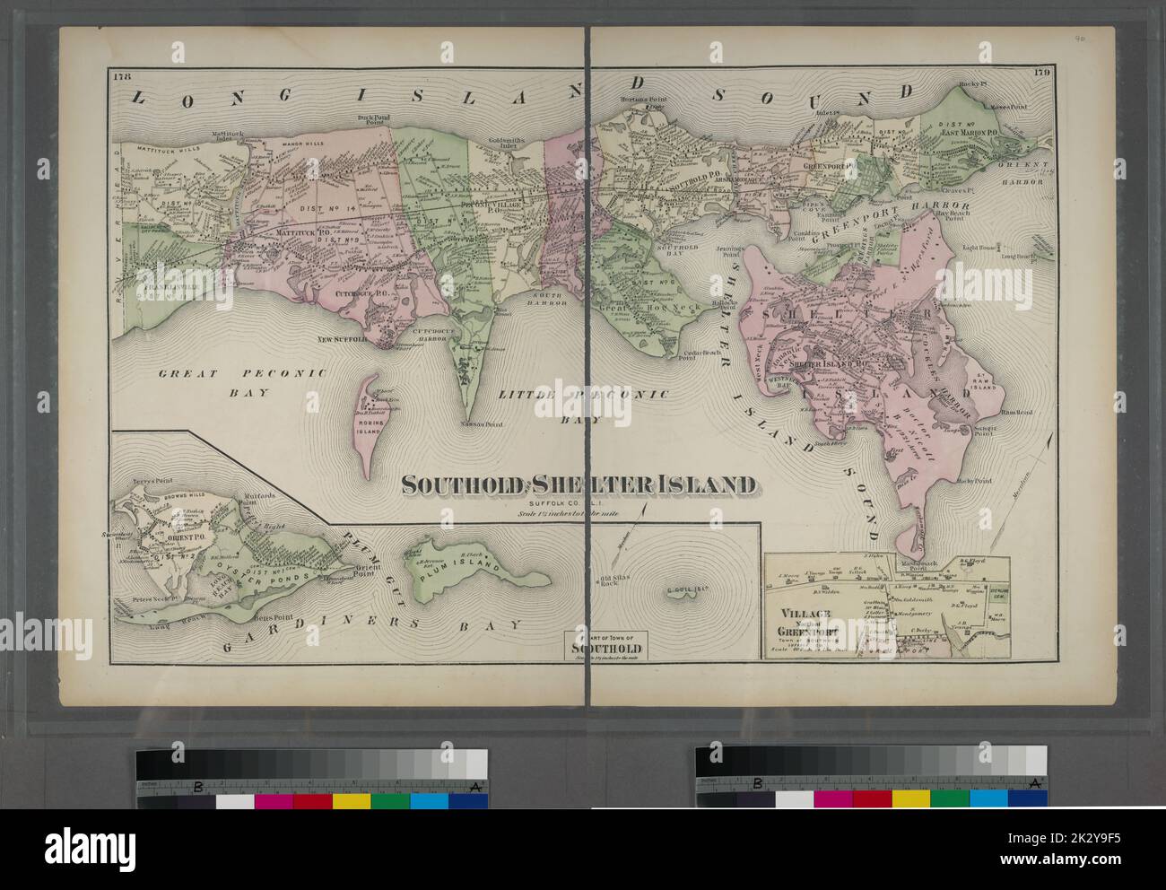 Cartographie, cartes. 1873. Lionel Pincus et Princess Firyal Map Division. Long Island (New York) , Description et Voyage Southold et Shelter Island, Suffolk Co. L.I. - Village, au nord de Greensport, ville de Southold, Suffolk Co. - Partie de la ville de Southold. Banque D'Images