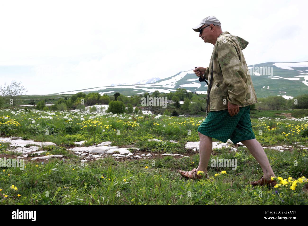 Homme senior traversant la prairie alpine du plateau Lago-Naki, Adygea Banque D'Images