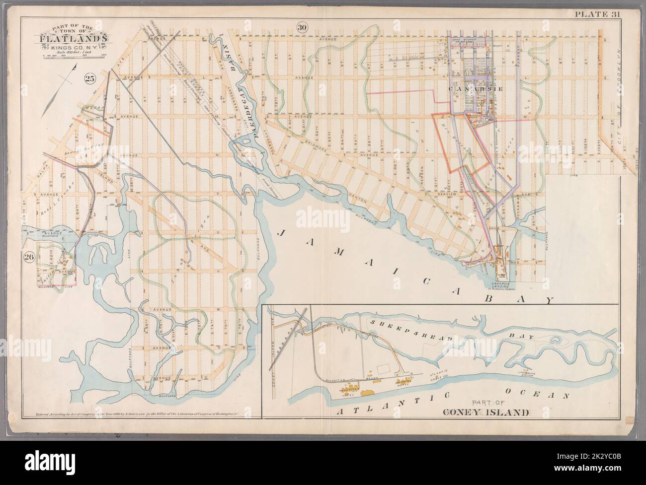 F. Bourquin & Co. Cartographie, cartes. 1890. Lionel Pincus et Princess Firyal Map Division. Brooklyn (New York, N.Y.), immeuble , New York (État) , New York plaque 31 : délimitée par Avenue K, E. 103rd Street, Avenue N, E. 98th Street, (Bulkhead Line) Denton Avenue, (Paerdetat Basin) Paerdetat Avenue, E. 76th Street, Avenue y, (Bulkhead Line) E. 69th Street, Avenue T et Ralph Avenue. Partie de la ville de Flatlands, Kings Co., N.Y. - partie de Coney Island. Banque D'Images
